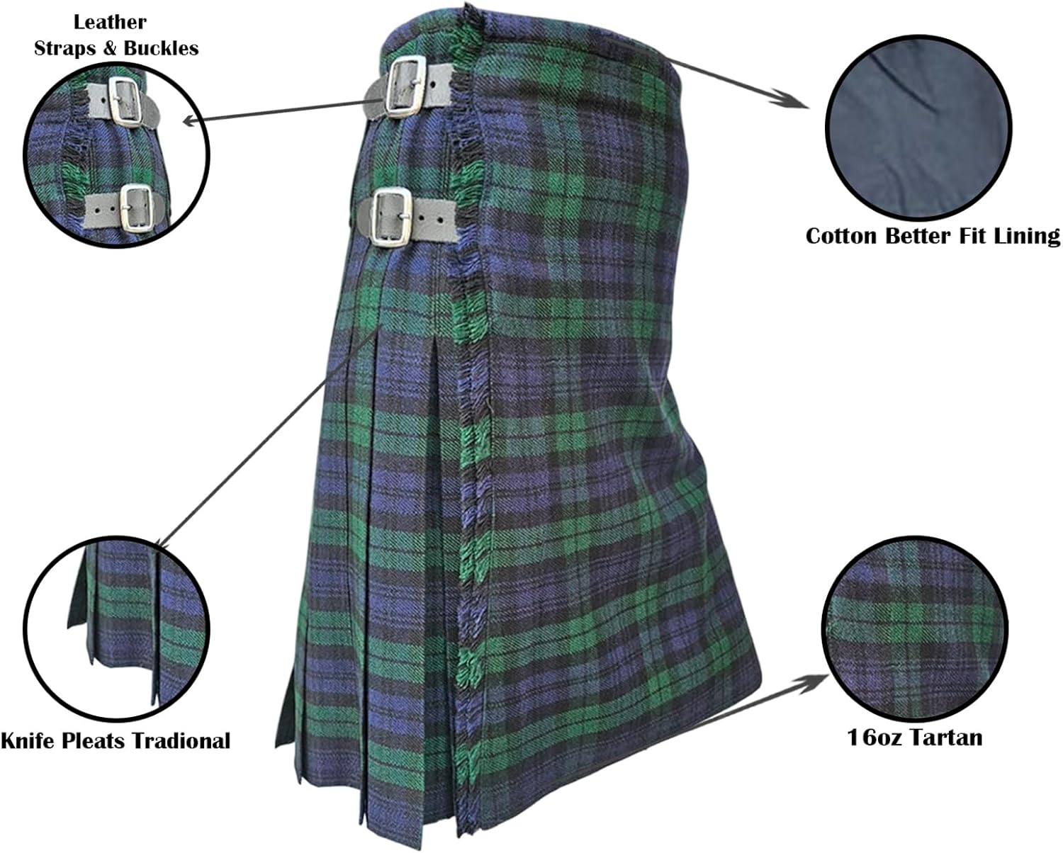 Black Watch Tartan Kilt | 5-Yard Scottish Traditional Kilt for Men | Premium Wool Blend | Highland Wear Costume - Image 4