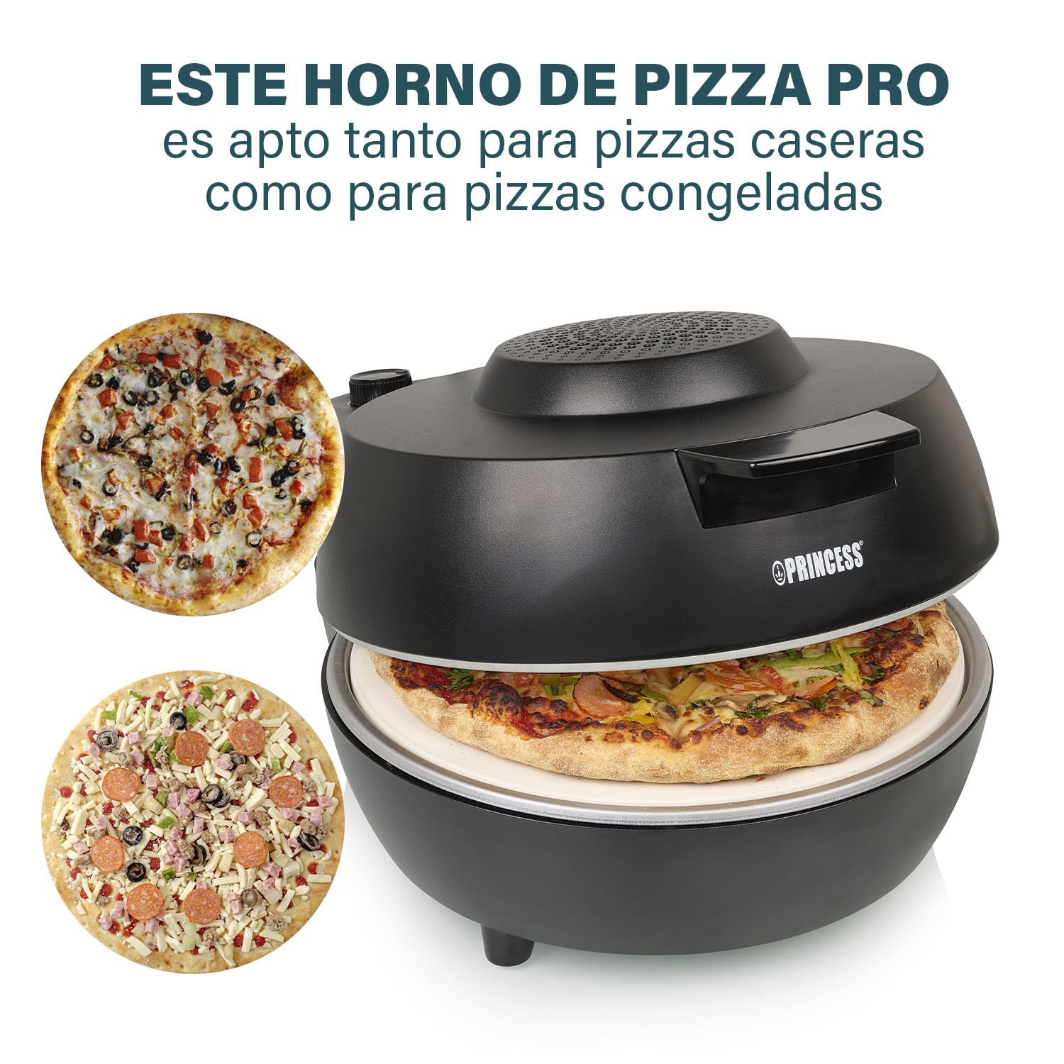 Princess 115005 Horno para pizzas, 30 cm, Piedra especial para pizzas, 2 palas para sacar la pizza del horno, Temperatura (hasta 400 C) y temporizador (15 min.) ajustables, 1200 W