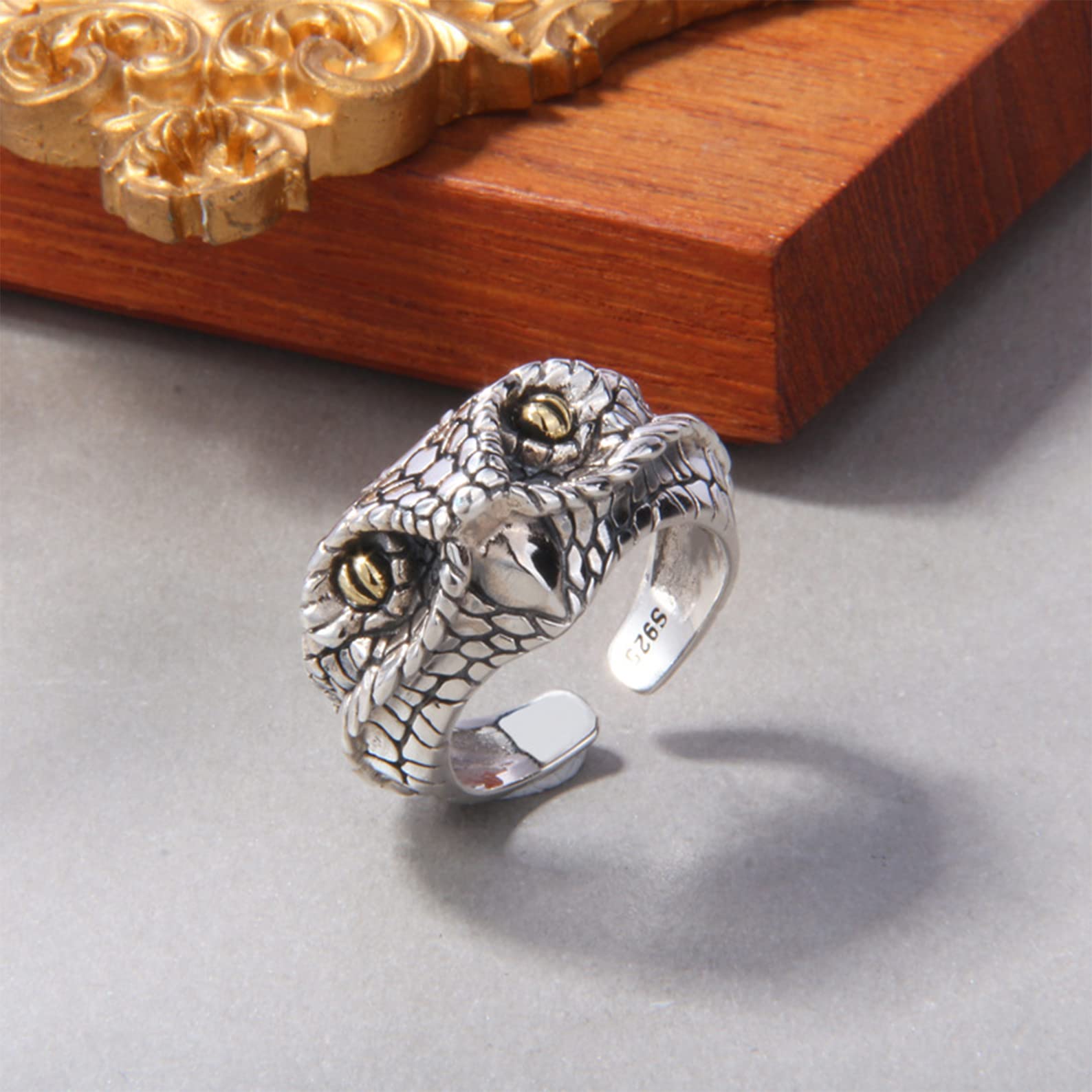 Anillo ajustable abierto de plata de ley S925 con forma de serpiente para hombre, accesorios de joyería vintage hechos a mano con animales.