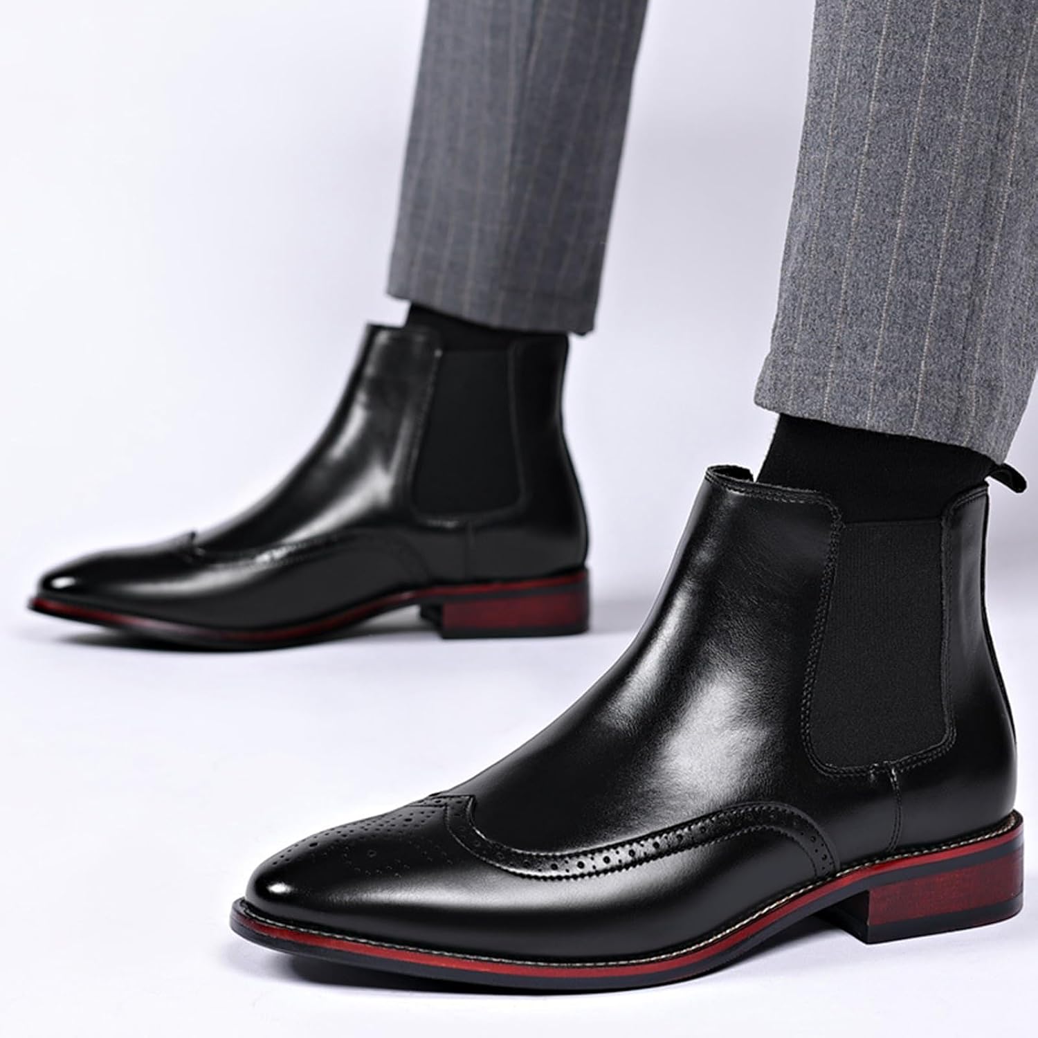 Men's Leather Wingtip Carving Dress Oxford Boots Fashion British Style Pointed Toe Elastic Band Slip On Chelsea Boots Casual Business Formal Ankle Boots