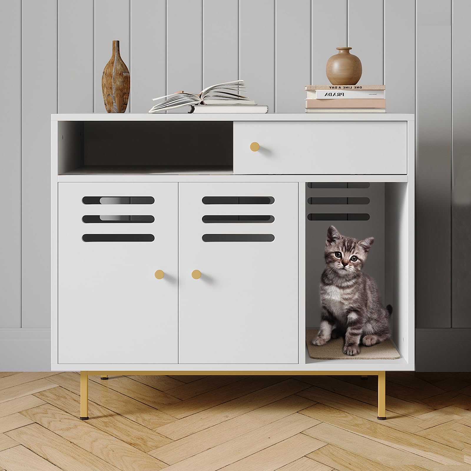 Modernes Katzenklo-Möbel mit Schublade, Regal, Versteckter Katzenklo Schrank 80 × 50 × 67cm, Katzenstreu Enclosure mit Seitlicher Einstieg, Belüftetes, Hundesicher für Flur & Schlafzimmer, Weiß