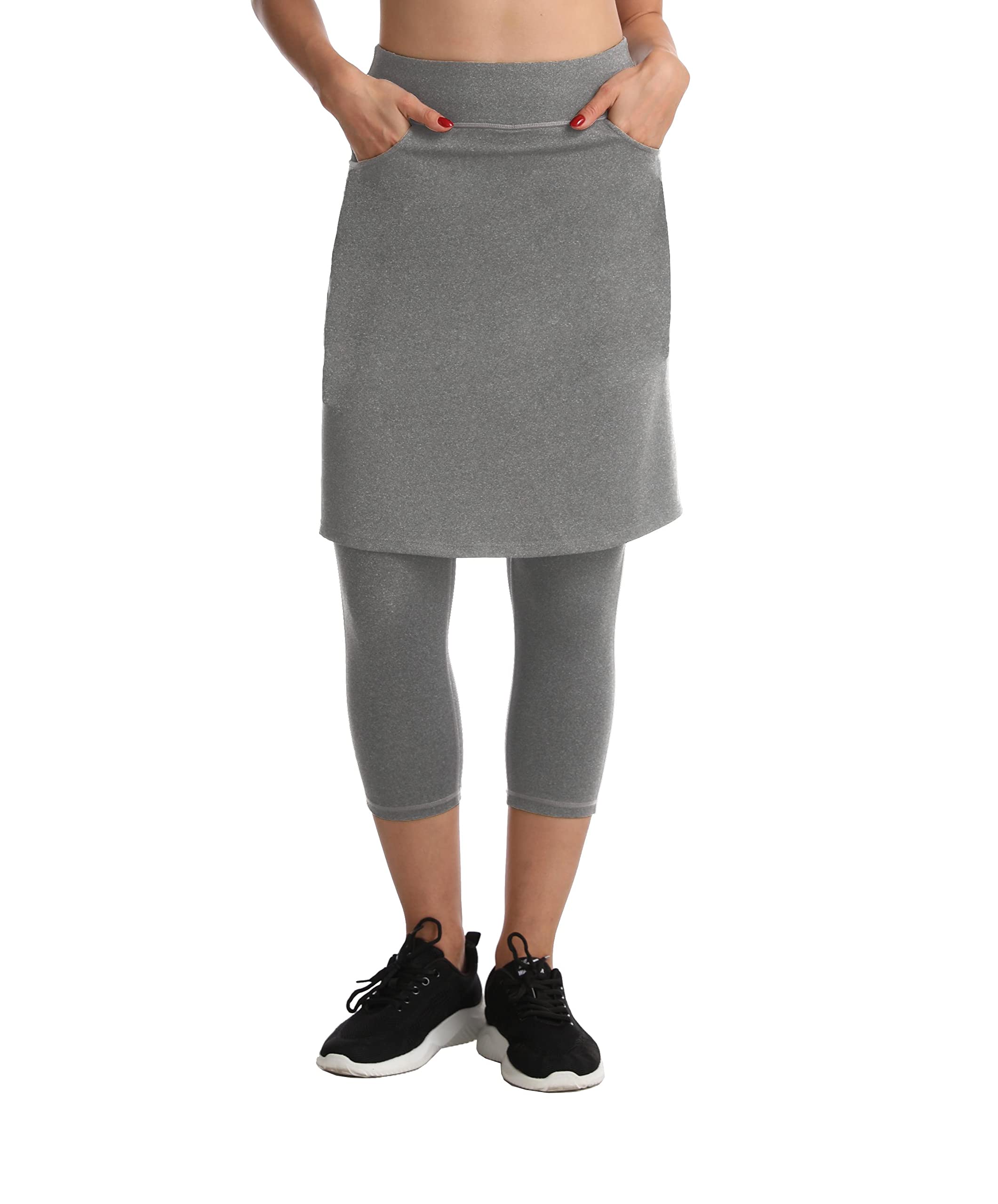 Modest Skirt with Leggings Attached for Women Workout Knee Length Swim Capri Pants with 2 Pockets-image-12