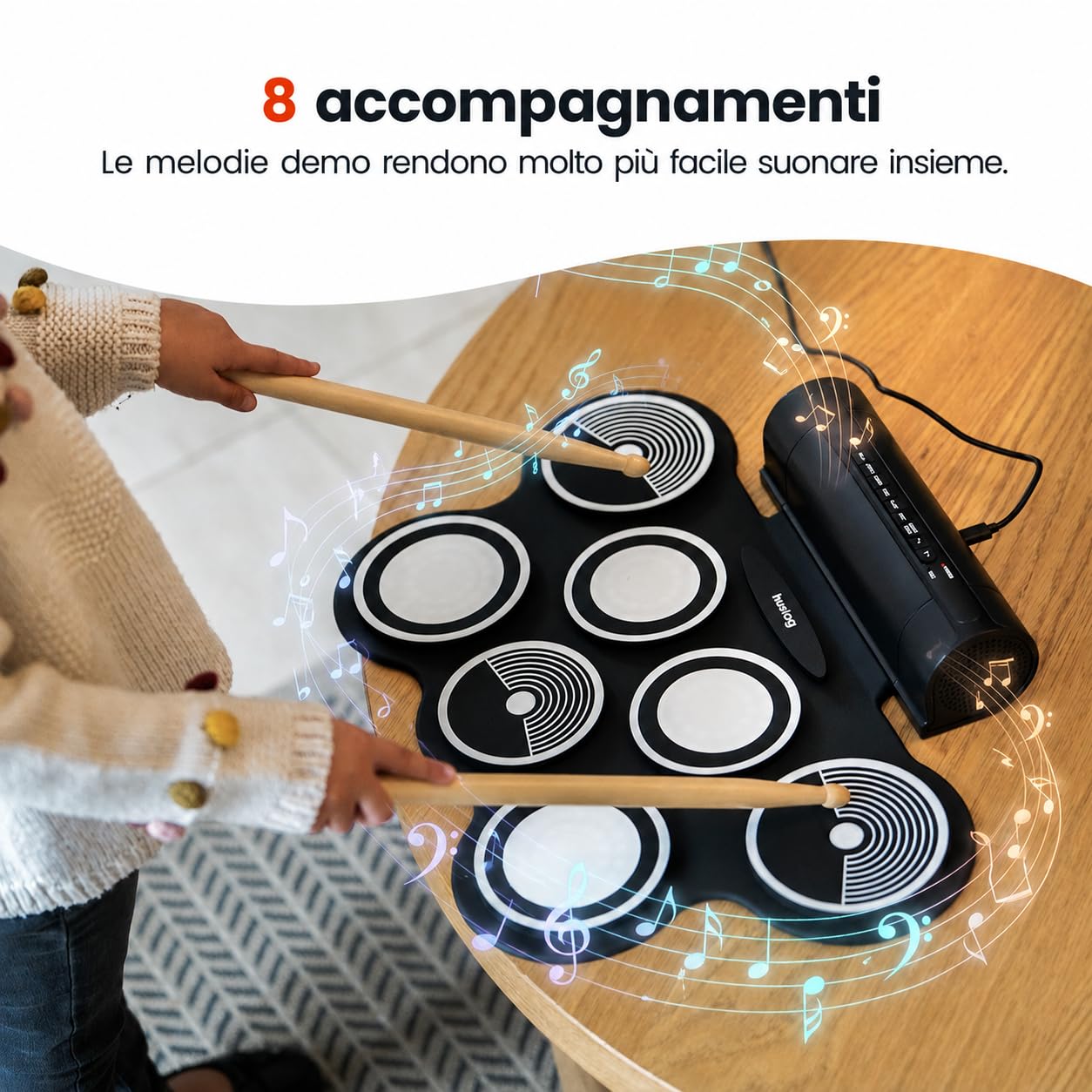 Batteria Elettronica Portatile per Bambini e Principianti, 7 Pad + 2 Pedali, 12 Ritmi Demo, 7 Suoni, Funzione Registrazione, Ingresso MP3, Uscita Cuffie e Altoparlanti