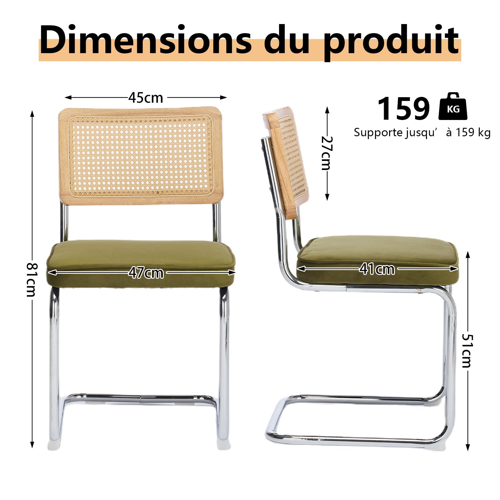 Chaises Salle à Manger Lot de 2, Chaises Cannage Velours Mid-Century, Chaise Luge Cantilever, Dossier en Rotin Naturel Tressé, Pieds Chromés, Sans Accoudoirs, pour Cuisine et Salon, Vert Olive