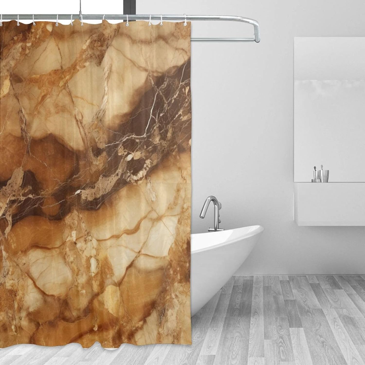 Brown Shower Curtain, White Abstract Natural Marble Boho Shower Curtain Set, Luxury Texture Farmhouse Fabric Bathroom Curtains with 12 Hooks 72x72in YLADW945