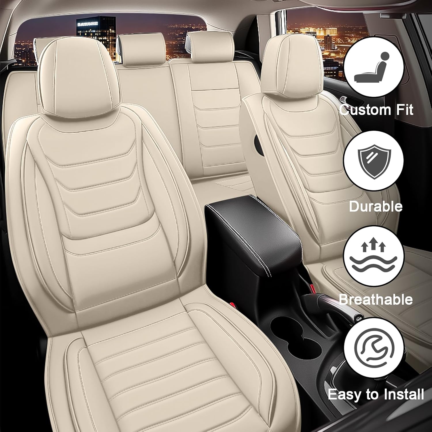 JWLK Seat Covers for Infiniti QX60 2014-2025, Anti-Slip Breathable Seat Covers for Cars, Luxury Nappa Leather Automotive Seat Covers Sets Compatible with Airbag (Standard 5 Seats, Beige)