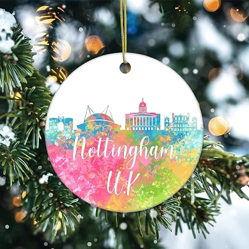 Miniatura 2 de Two-Side Printed United Kingdom-Nottingham Ceramic Christmas Ornament, Novelty for Family Friends Kids, City View Silhouette Christmas Keepsake