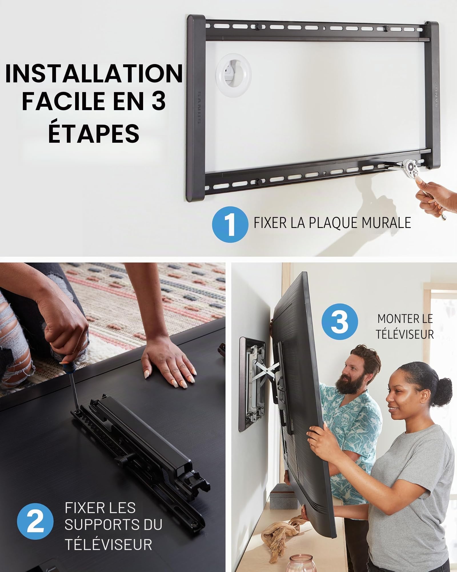 SANUS OLT7 Support mural inclinable 4D pour la plupart des téléviseurs à écran plat de 42 à 228,6 cm – Support universel inclinable pour TV à écran plat de 40,6 cm, 45,7 cm, 228,6 cm, poids maximum 68
