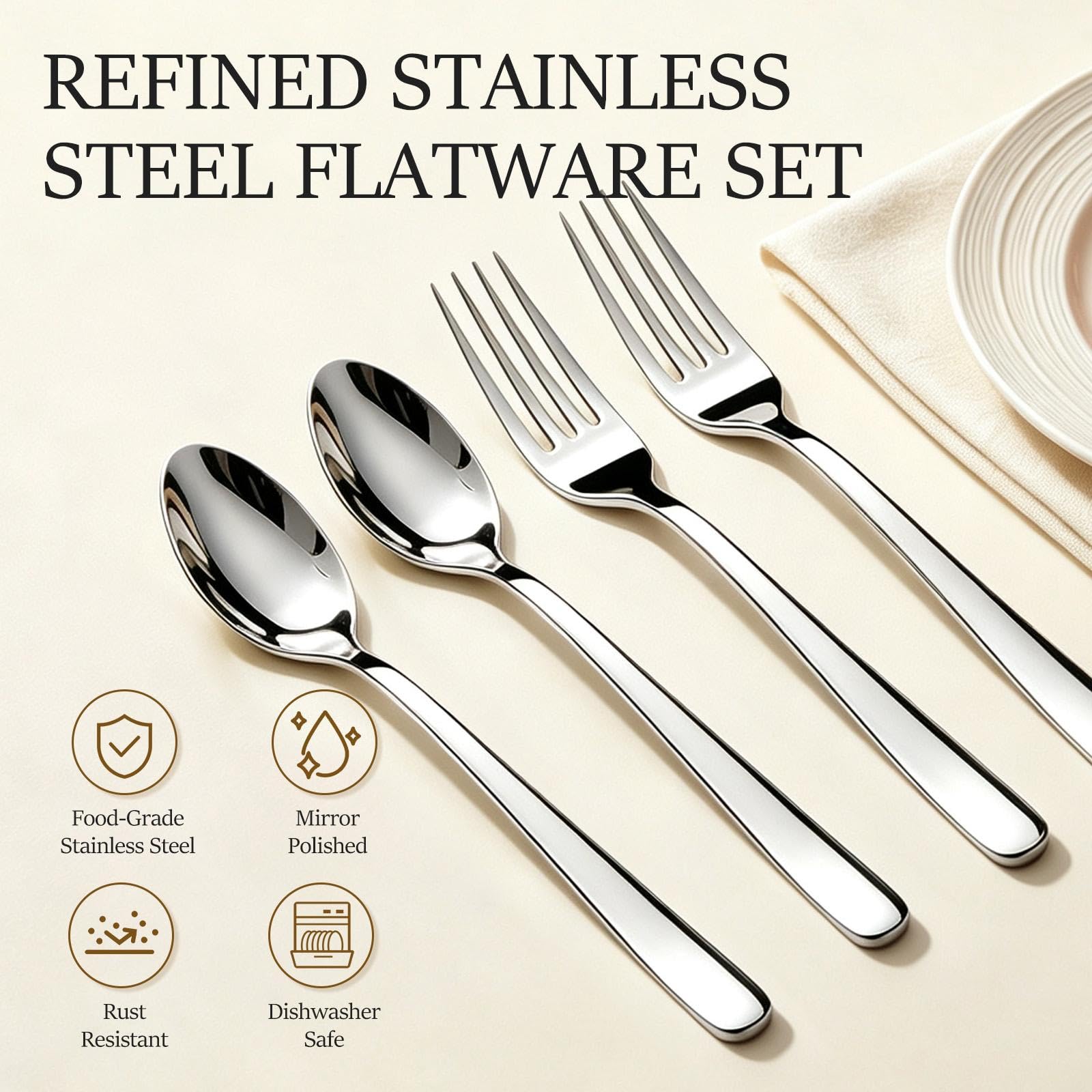 24Pcs Spoons and Forks Set Silverware - Food Grade Stainless Steel Flatware Set for Kitchen, Mirror Polished, Dishwasher Safe - 12 Dinner Forks(7.5 inch) & 12 Dessert Spoons(8.1 inch) — Amazon image 5