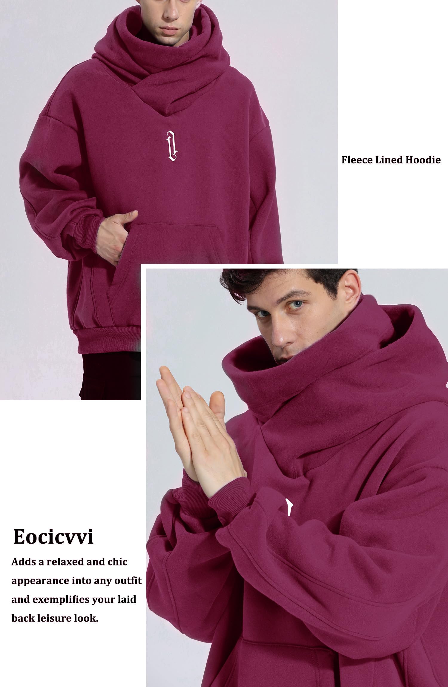 Eocicvvi Felpa Uomo con Cappuccio Collo Alto Pullover Hip Hop Stile Comoda Felpe Pile Hoodies Autunno Invernale Moda