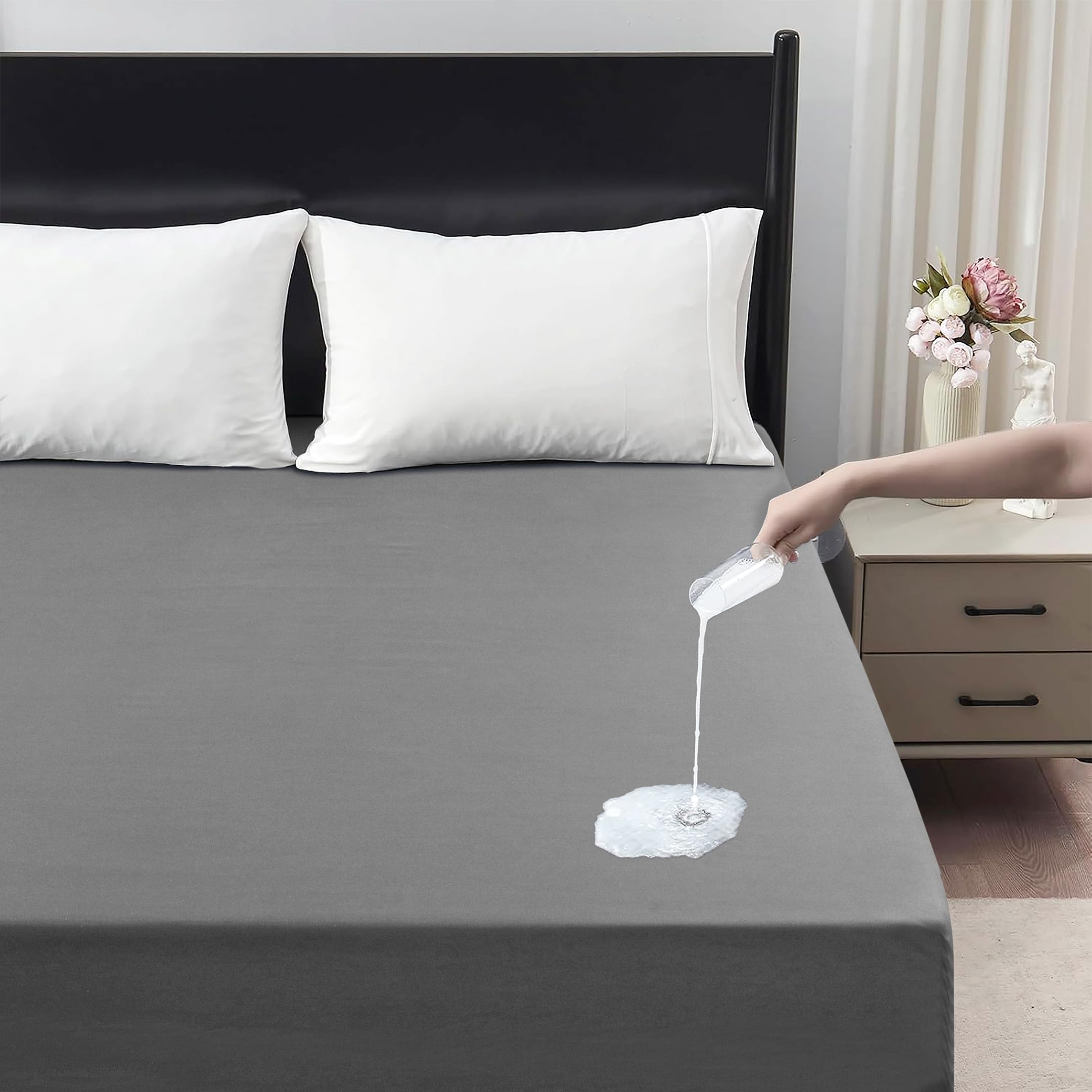Waterproof Fitted Sheet – Mattress Protector | Soft Breathable Noiseless Bed Cover, Fitted Bed Sheet 30cm Deep Pocket, Durable Microfiber Fitted Mattress Cover (Gray, Double)