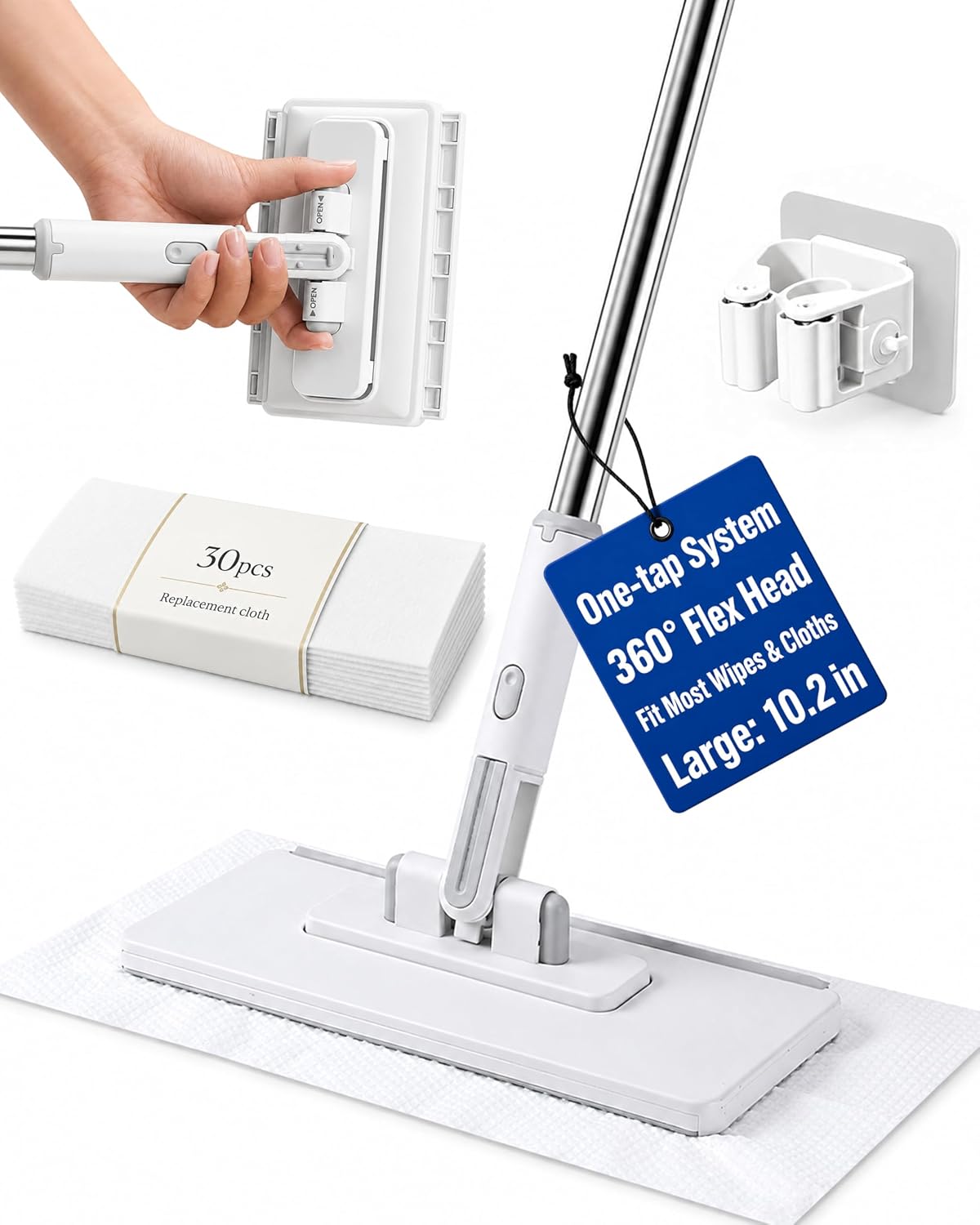 Hands Free Multi Purpose Flat Mop, Face Towel Compatible Zero Touch Clip Sweeper - 39-48 in Adjustable 360 Swivel Handle, Snap Grip Mini Gap Dust Cleaner with Microfiber Cloths(L-10.2IN#)
