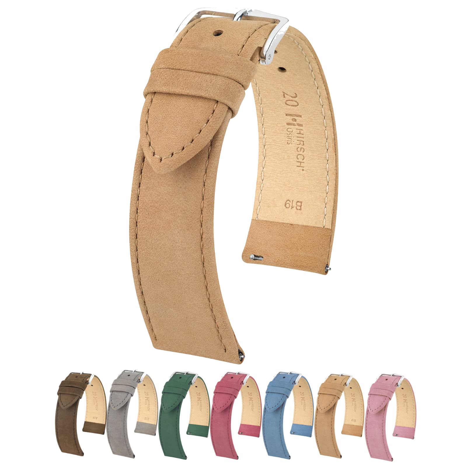 Hirsch Osiris Nubuck Leather Watch Strap - Smooth & Flat Design - 14mm, 16mm, 18mm, 20mm, 22mm - Blue, Green, Beige, Brown, Grey, Burgundy, Rose - Quick Release Watch Band