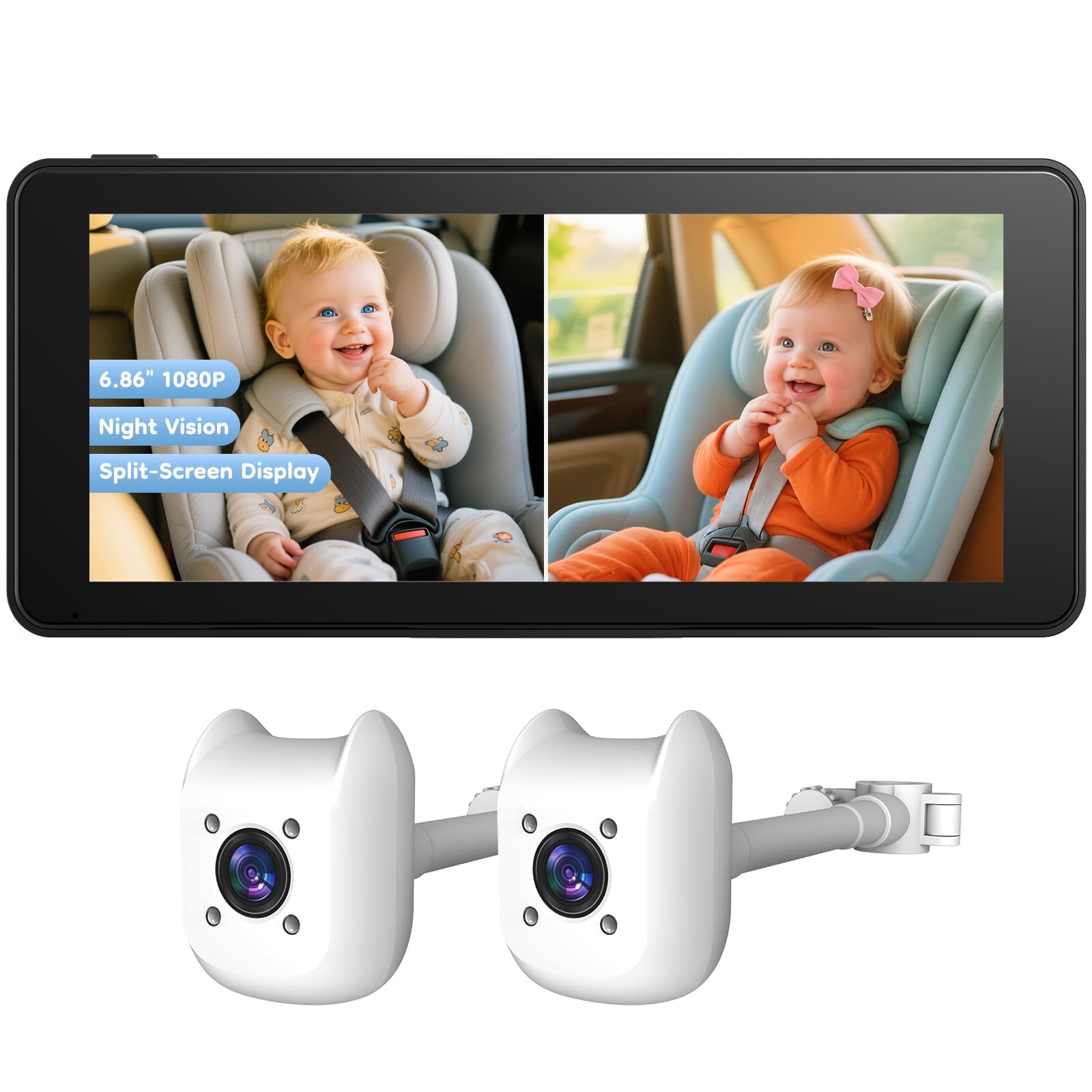 ELECROW Baby Auto Kamera 2 Kameras für Kindersitz, 6,86 Zoll Ultrawide Display USB Rücksitz Kamera Set, 1080P HD & IR Nachtsicht, einfache Installation, Babykamera für Auto Rücksitz