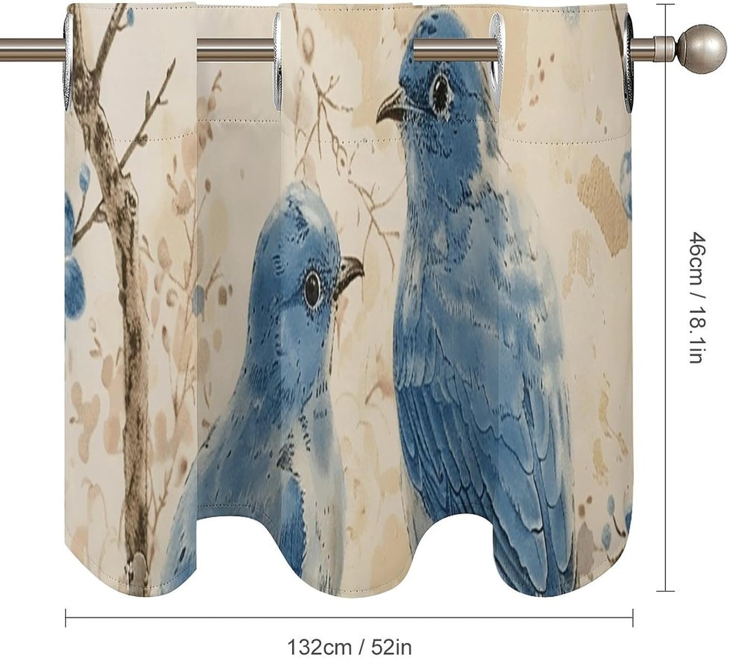 Bluebird on The Branch Valance for Windows, 2 Pack Kitchen Curtains Modern Home Decor, Soft Blackout Window Curtains for Living Room & Bedroom, 18 X 52 Inch