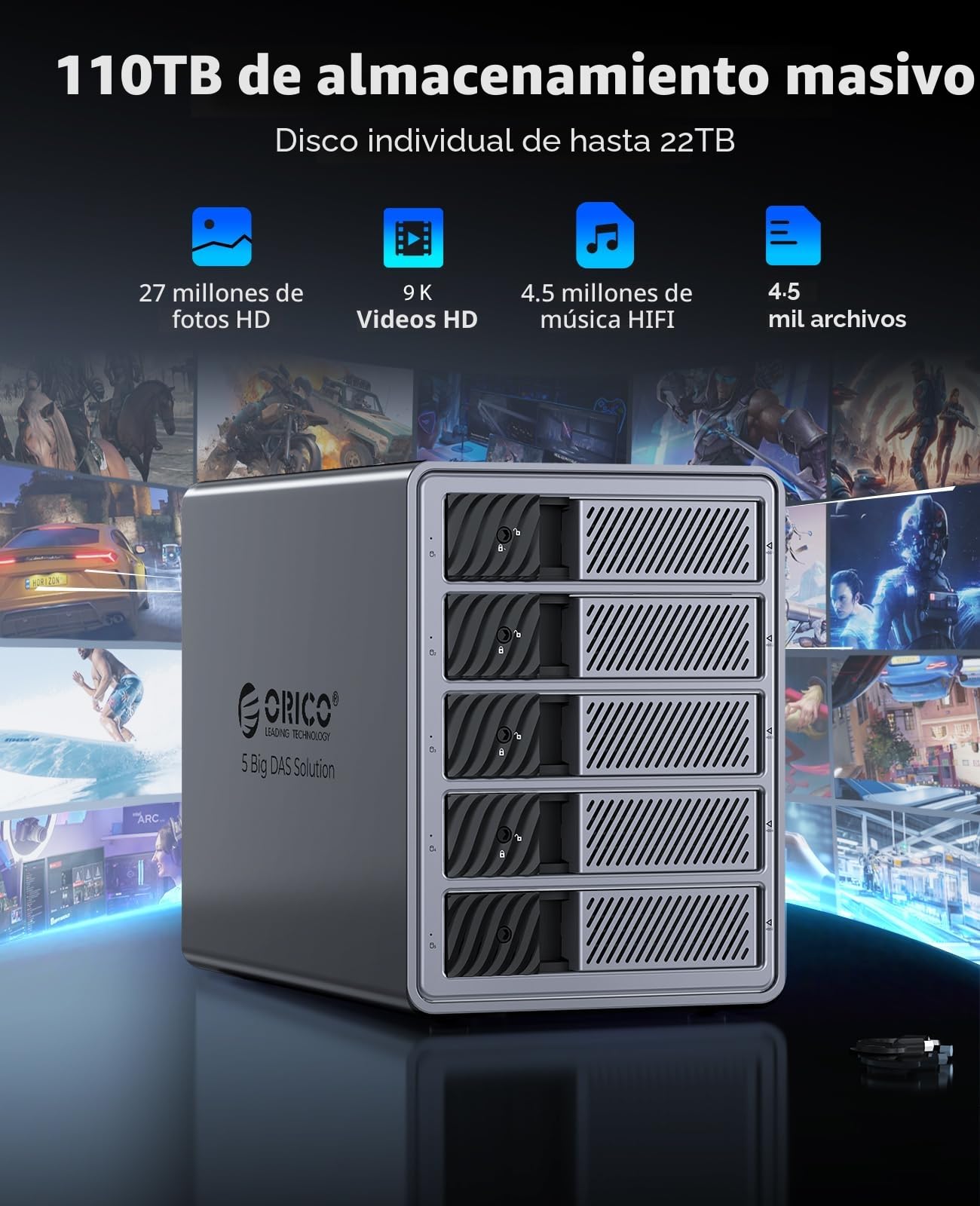 ORICO Caja de Aluminio Raid para 5 Discos Duros de 3,5 Pulgadas hasta 5X 22TB, Fuente de Alimentación de 150W Integrada, con Ventilador, Soporta Raid 0/1/5/10 (9858RU3)