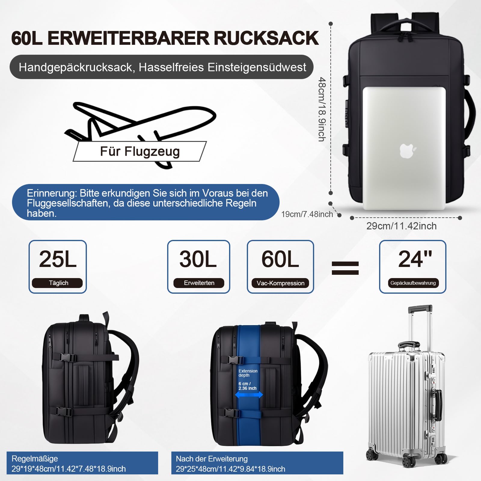 Vakuum-Reiserucksack mit Vakuumpumpe, erweiterbarer Kompressionsrucksack, Fluggesellschaft-Tasche mit 180° Öffnung, Trockentrennung, Vakuumkoffer für Geschäftsreisen