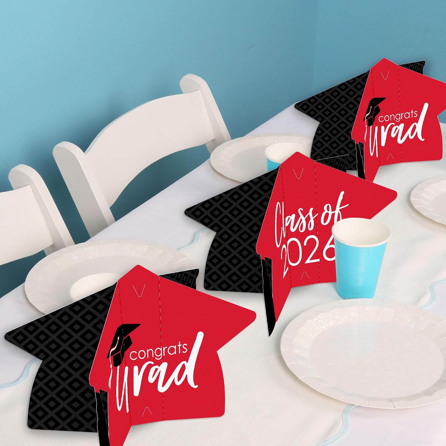 Big Dot of Happiness 8 Count Red Graduation 3D Centerpiece Table Decorations, Freestanding Class of 2026 Grad Party Centerpieces