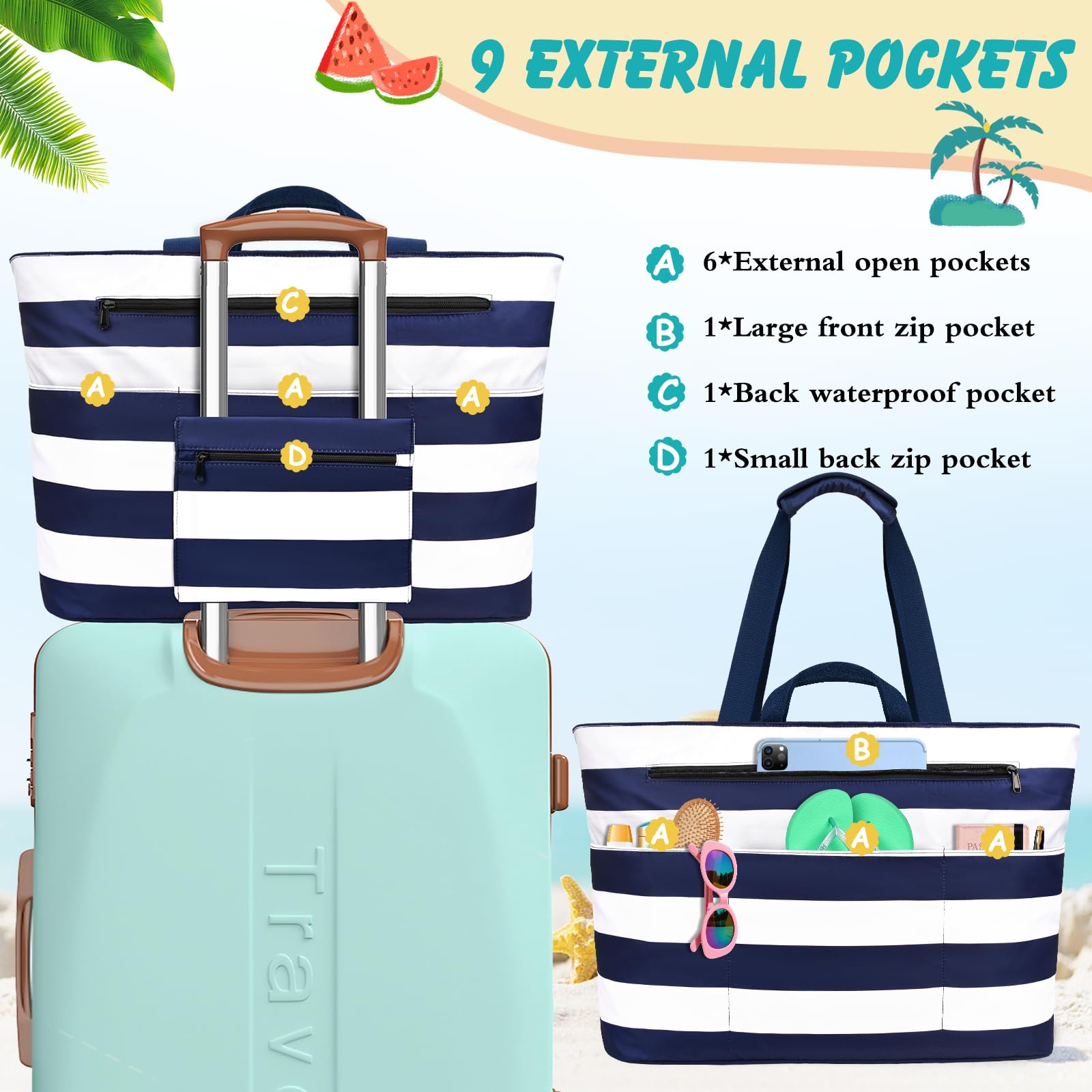 Sac De Plage Femme, Grand Sac Plage Avec Fermeture Éclair Xxl Family Bag Imperméable Pliable Beach Bag Cabas Femme Pour Piscine, Shopping, Vacances. 50L,Rayures bleu-blanc