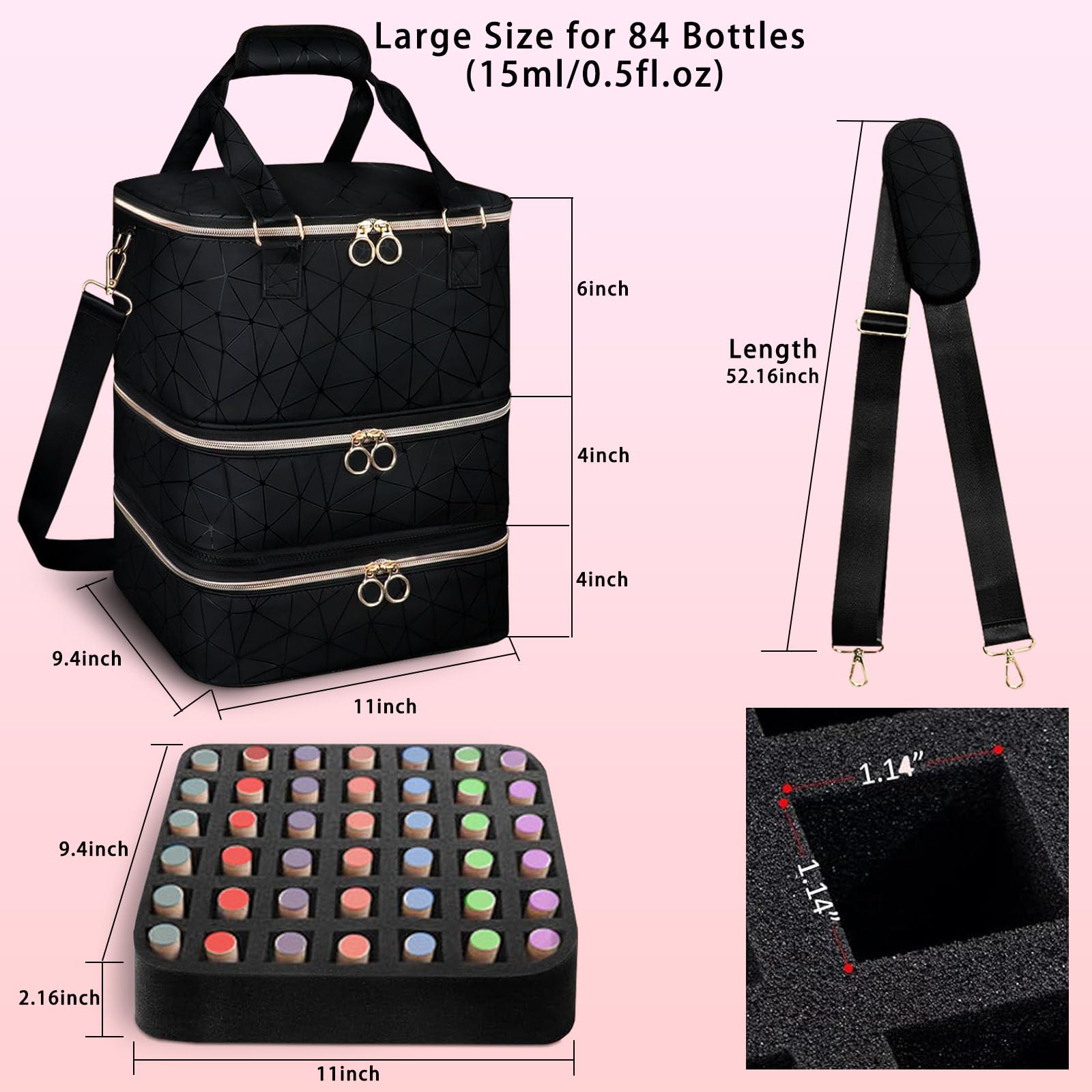 Organizer professionale per smalti, contiene 84 flaconi (15 ml), strumenti per manicure e lampada UV, borsa a tracolla rimovibile a 3 strati in pelle PU per unghie, grande borsa a tracolla (nero)
