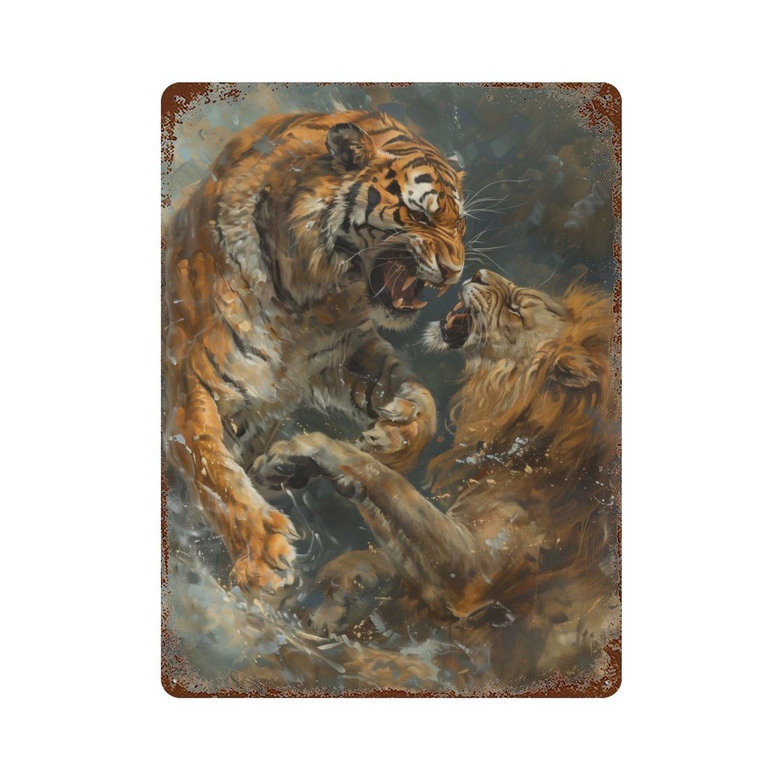 Tiger VS Lion Fighting Art Rust Effect Tin Sign 15.7"x11.8", Novelty Wall Decor for Garage, Pub Or Kitchen