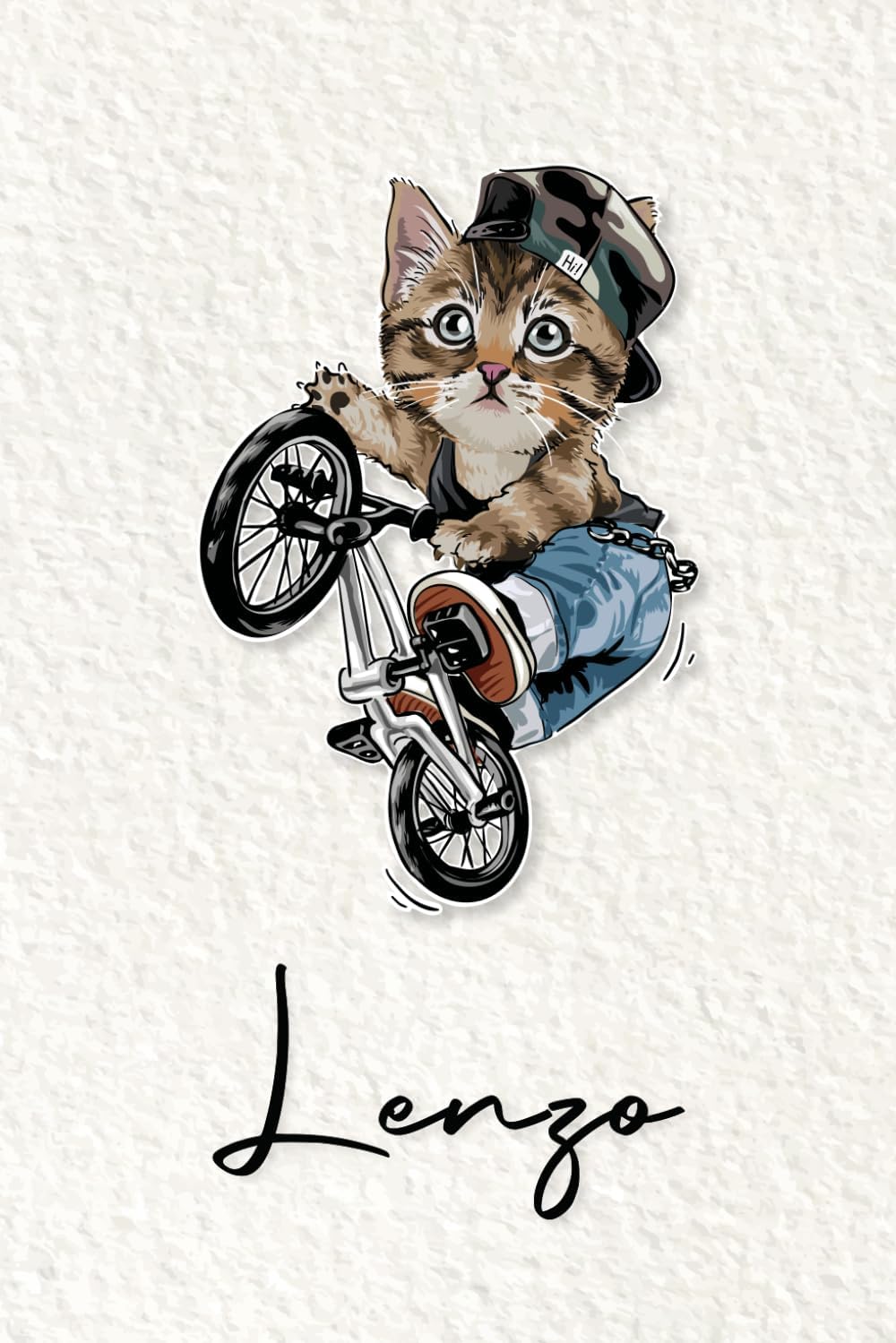 Lenzo: Cahier personnalisé avec prénom Lenzo | Cadeau d'anniversaire pour enfant, garçon, homme, copain ... | Chat à bicyclette | 110 pages lignée, ... pouces (15,24 x 22,86 cm) (French Edition)