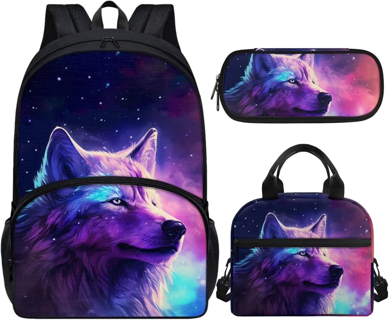 3 Piece Wolf Backpack Kids Cool Bookbag and Lunch Box Set for Boys Primary Elementary Middle School Bag Zipper Pencil Case Teen Travel Back Pack Satchel Daypack Rucksack