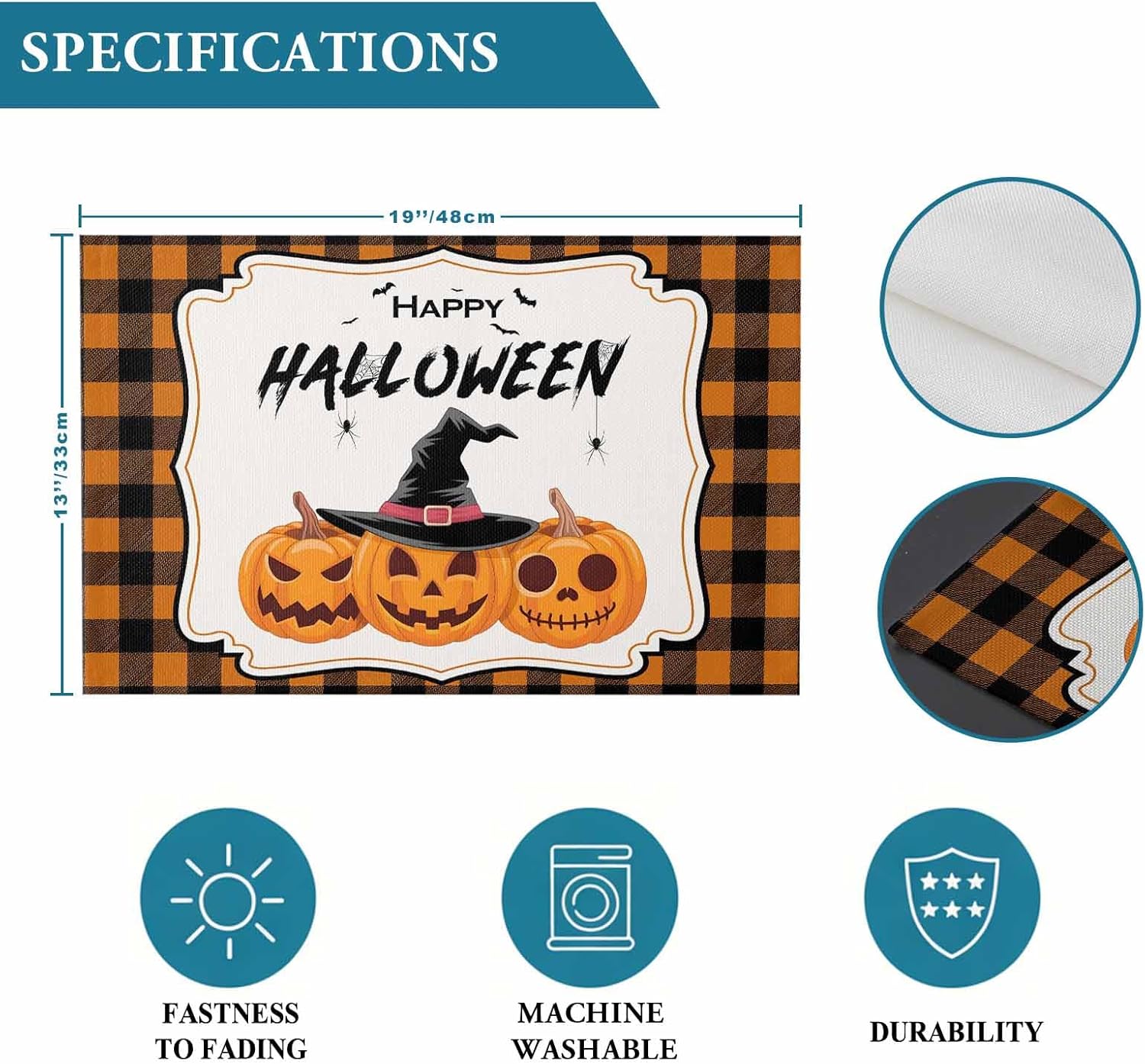LooPoP Placemats Set of 4 Washable,Wicked Pumpkin Orange Placemat for Dining Table Decorations, Heat-Proof Table Mats for Kitchen Dinner Banquet Halloween Buffalo Check