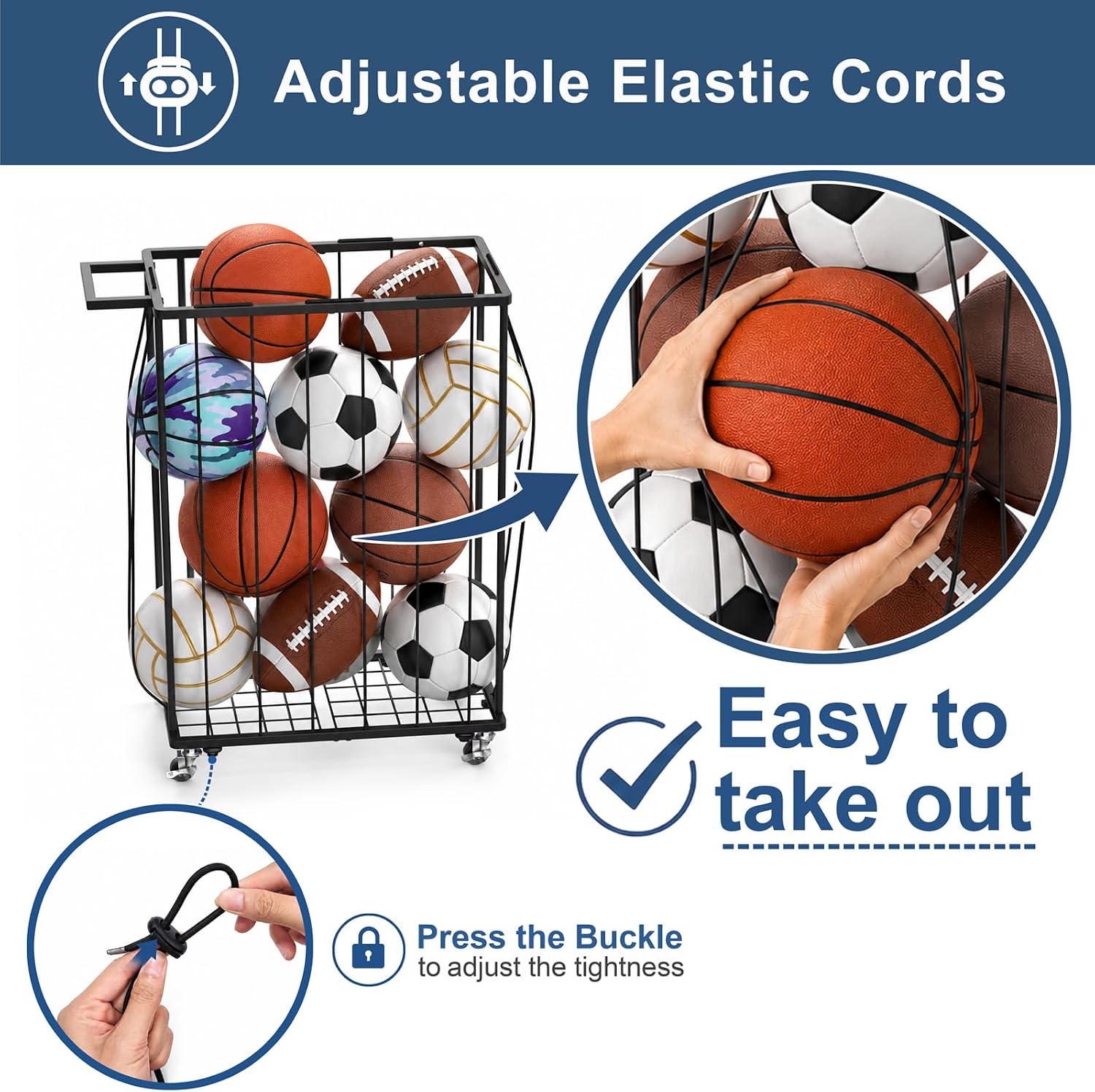 Garage Ball Storage Rack with Wheels, Metal Sports Ball Holder