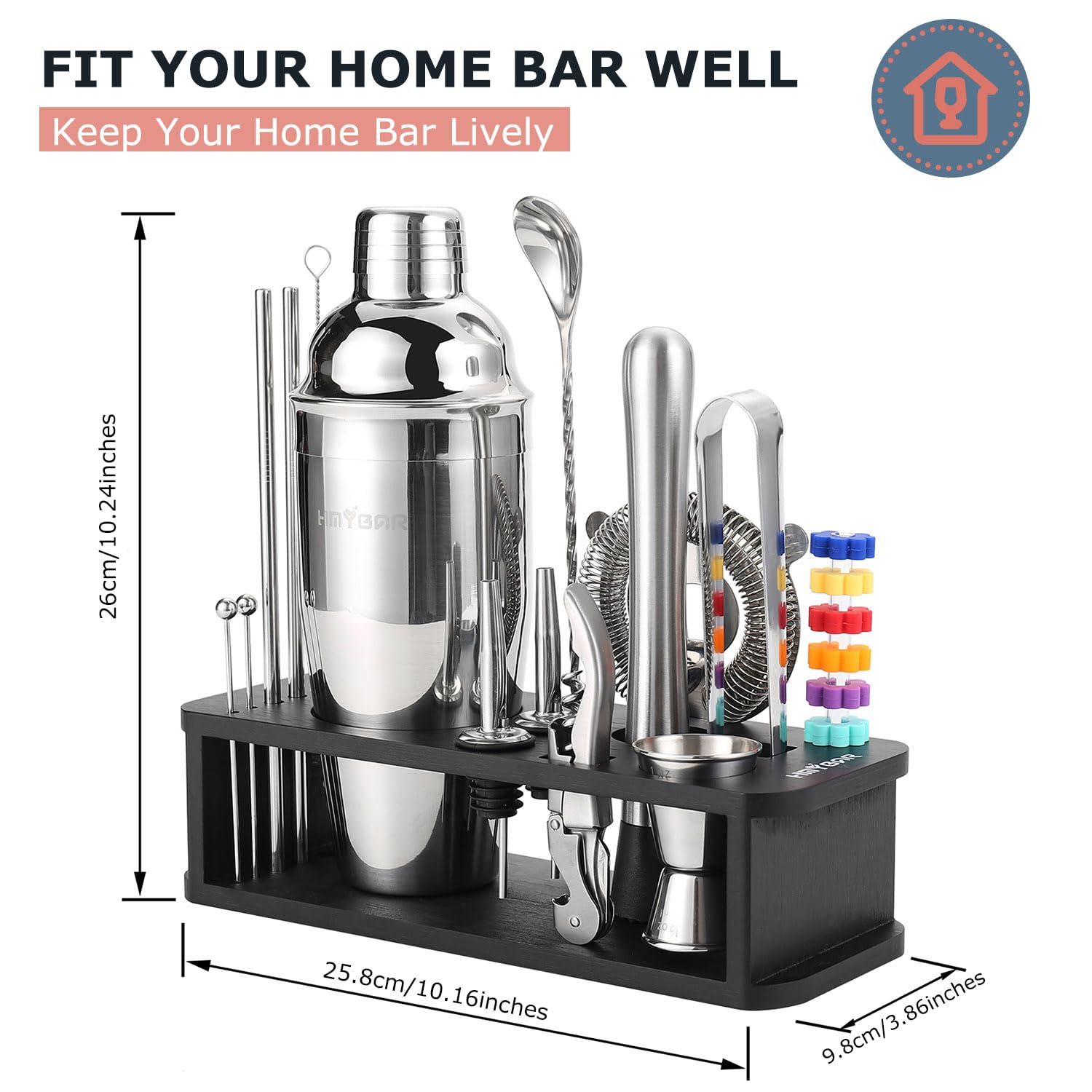 Set da 22 shaker per cocktail (700 ml), kit per barista mixology, set da bar, set di strumenti da bar, set per la preparazione di martini con 39 biglietti da cocktail e kit decorativo, supporto
