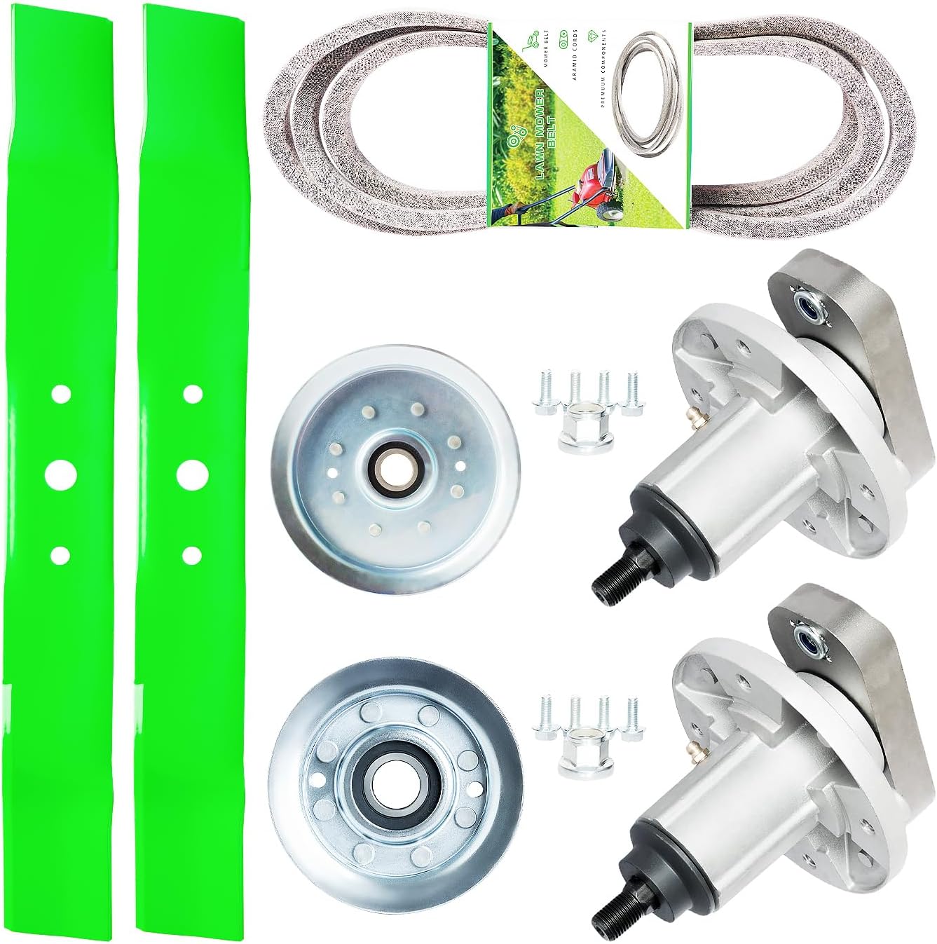 48" Mower Deck Spindle Blade Bl et Pulley Kit for John Dee re L120 L130, GY20050 Spindle(3pack) GX20250 Blades(3pack) GY20571 Be lt(1pack) GY20067 GY22082 Pulley(3pack)