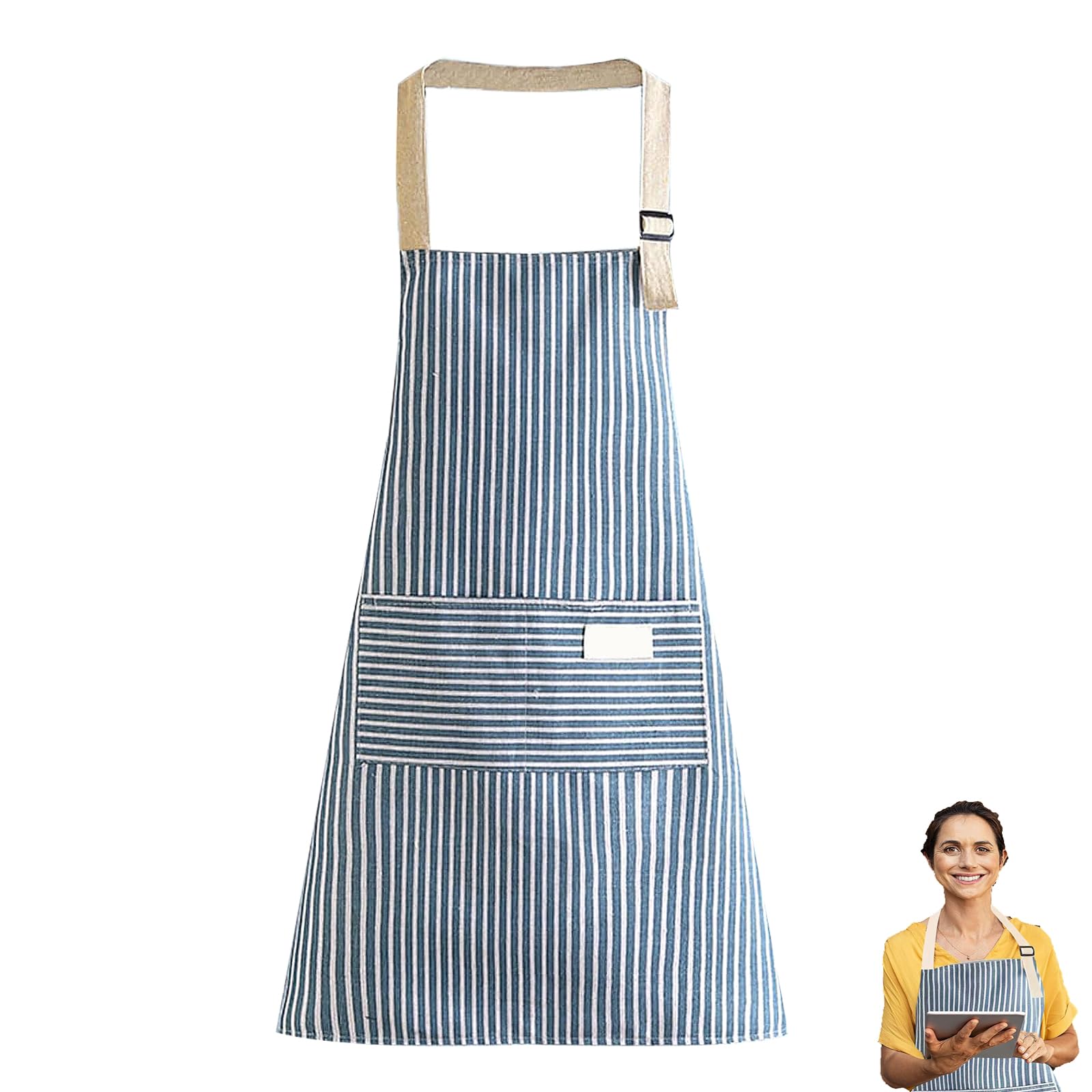 WQEDVN Cooking Aprons for Women, Aprons for Cooking, Kitchen Apron, Stripe Bib Apronc, Woman Apron with Pockets, For Cooking, Baking, Gardening, Household Cleaning, Restaurant (Blue)