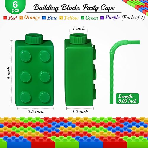 Miniatura 2 de Vasos de bloques de construcción de 10 onzas reutilizables para fiesta de ladrillo para niños, tazas de plástico para fiestas con tapas y pajitas