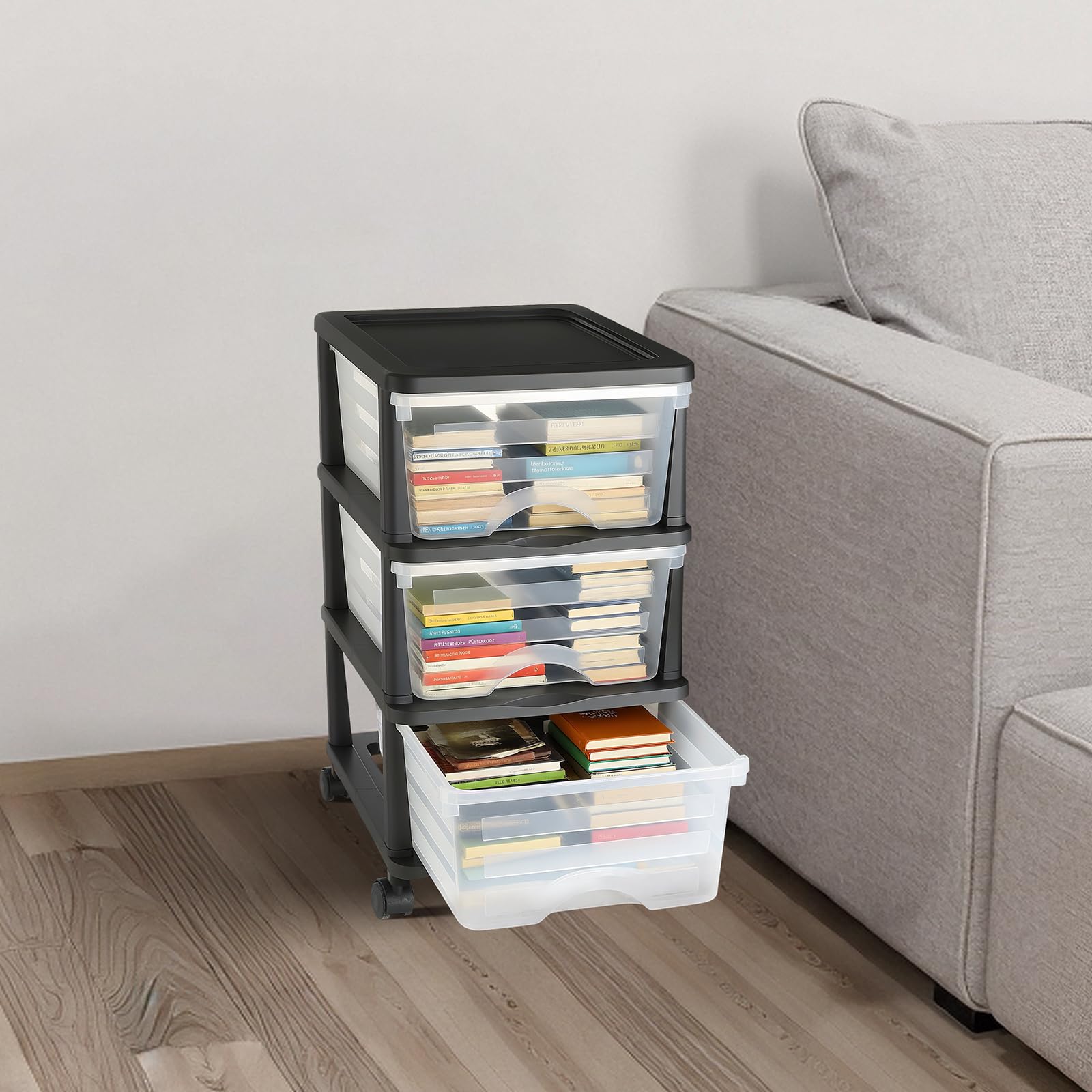 VEVOR Chariot de rangement à 3 tiroirs en plastique, tour de rangement à roulettes, organiseur mobile à 3 niveaux, bac transparent pour fournitures de bureau, salles de bricolage et salles de classe