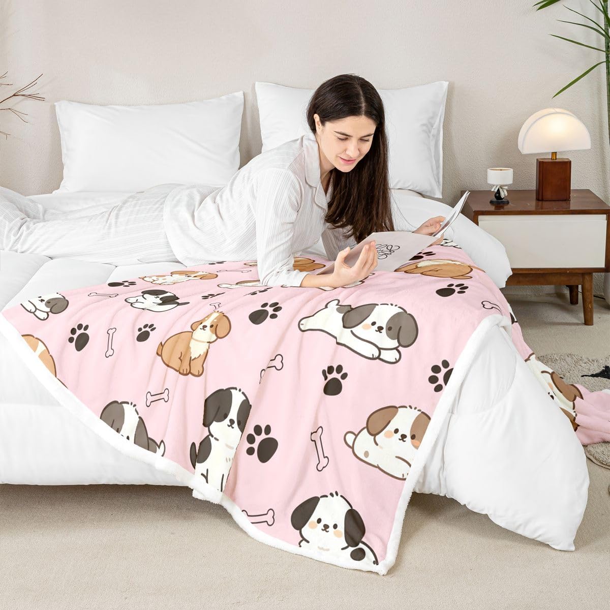 Castle Fairy Pink Pastel Puppy Sherpa Throw Blanket Cute Dog Lover Bed Sofa Couch Partner Cartoon Pet Paw Print Living Room Decor Lightweight Fleece Blanket Lightweight Plush Blankets 40"x50" Paw Pink image 4