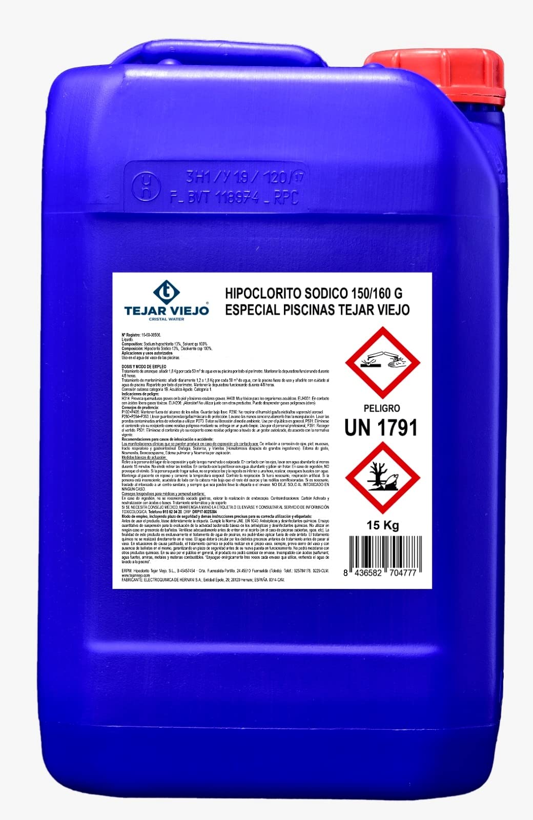 Mugar- Hipoclorito Sódico para Tratamiento de Piscinas en Garrafas de 10 litros- 15kg - Marca Mugar- Apto para Liner y Poliéster