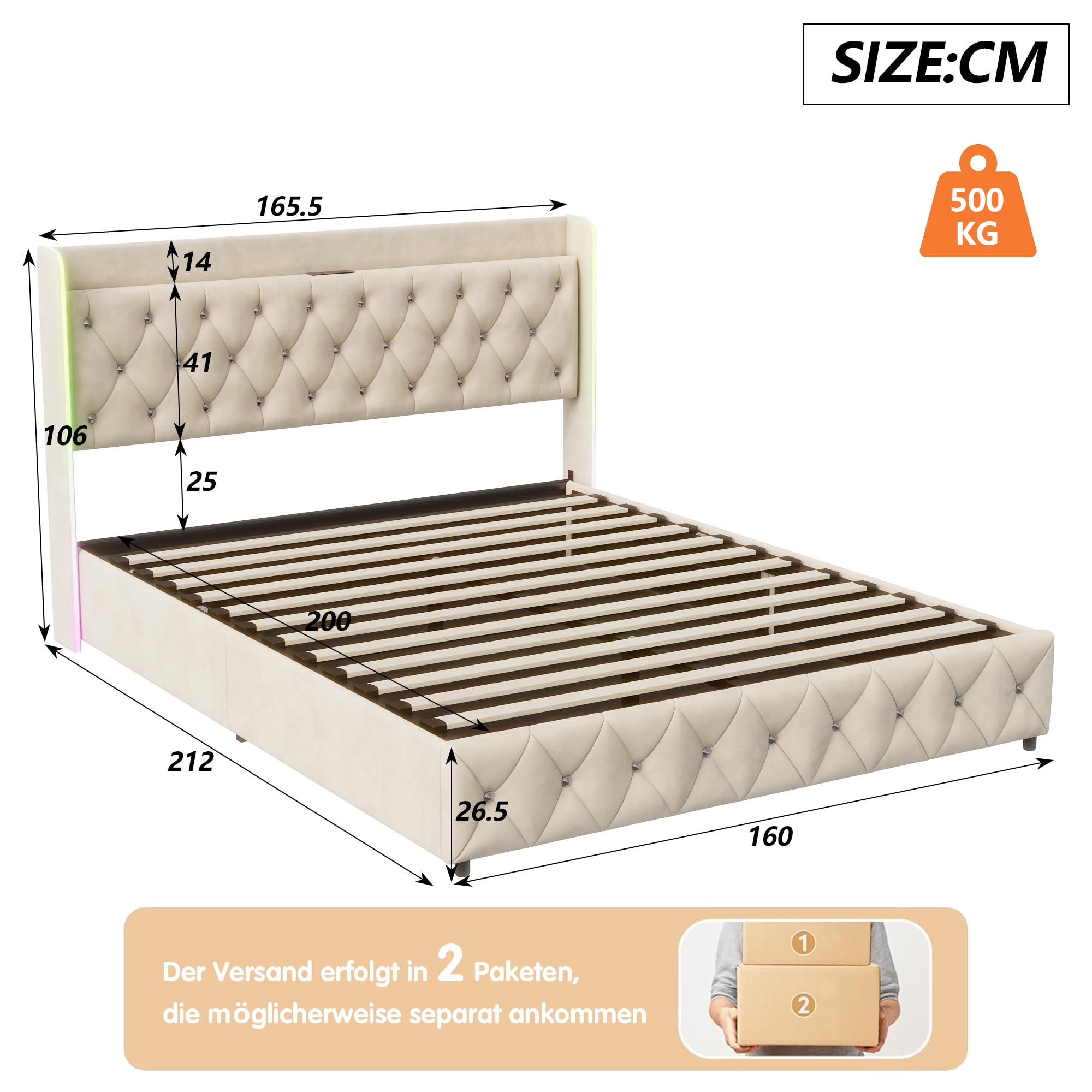 BRILVERDE Letto Imbottito 160x200 con Contenitore Idraulico, Letto Matrimoniale a LED con USB, Funzionale con testiera, Struttura Letto con Rete a doghe, in Velluto (Beige, 160 x 200 cm)
