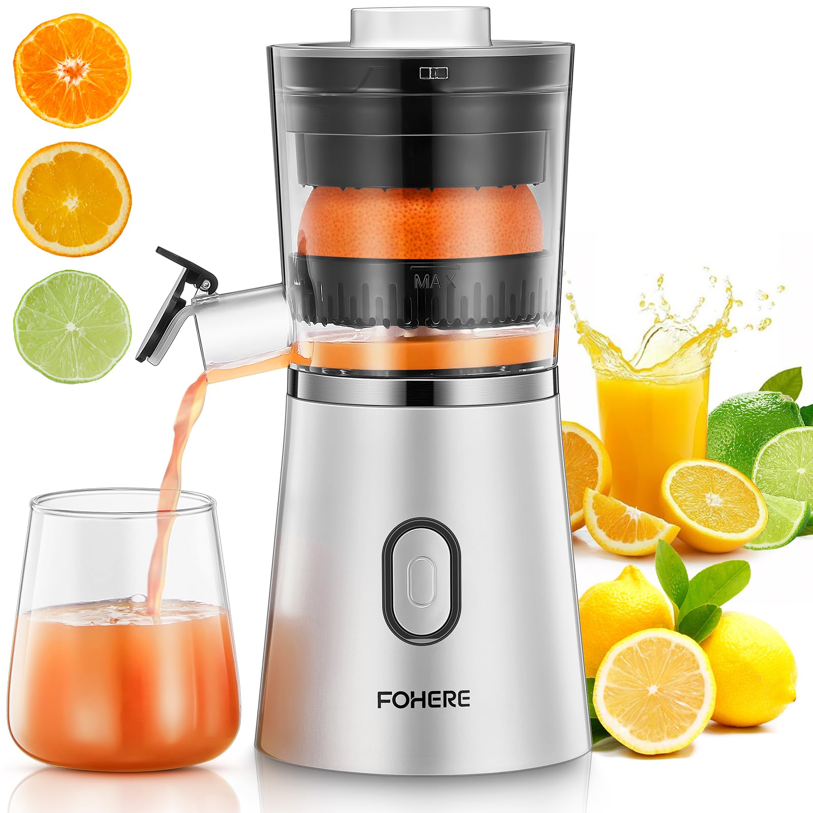 FOHERE Electric Citrus Juicer Squeezer, Automatic Orange Juicer with Power Cord, One Touch Operation, Portable Juicer Suitable for Lemon, Citrus Fruit, Easy to Clean, Silver