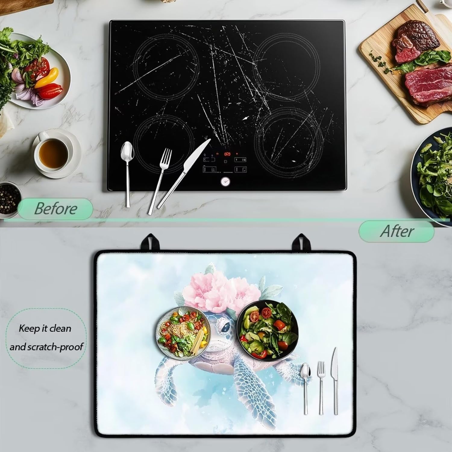 Poceacles Stove Top Cover Protector Glass Stove Guard Anti-slip Scratch Resistant Cooktop Protector Range Cover Extra Counter Space, 29'' x 21'', Sea Turtle Pink Flower