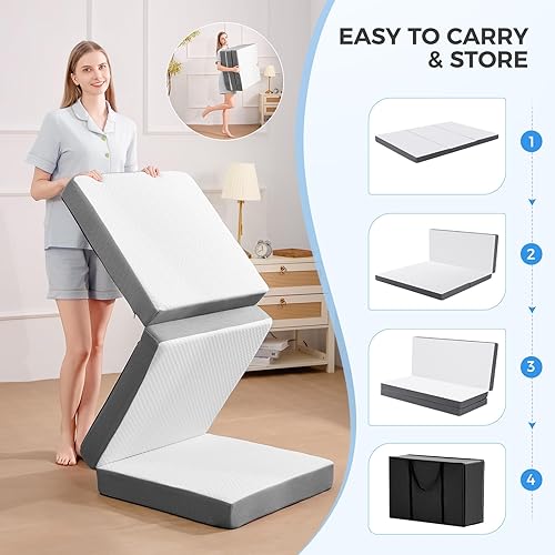 Miniatura 5 de MASVIS Colchón triple plegable de espuma viscoelástica de 4 pulgadas con funda lavable, cama de piso plegable para campamento, individual