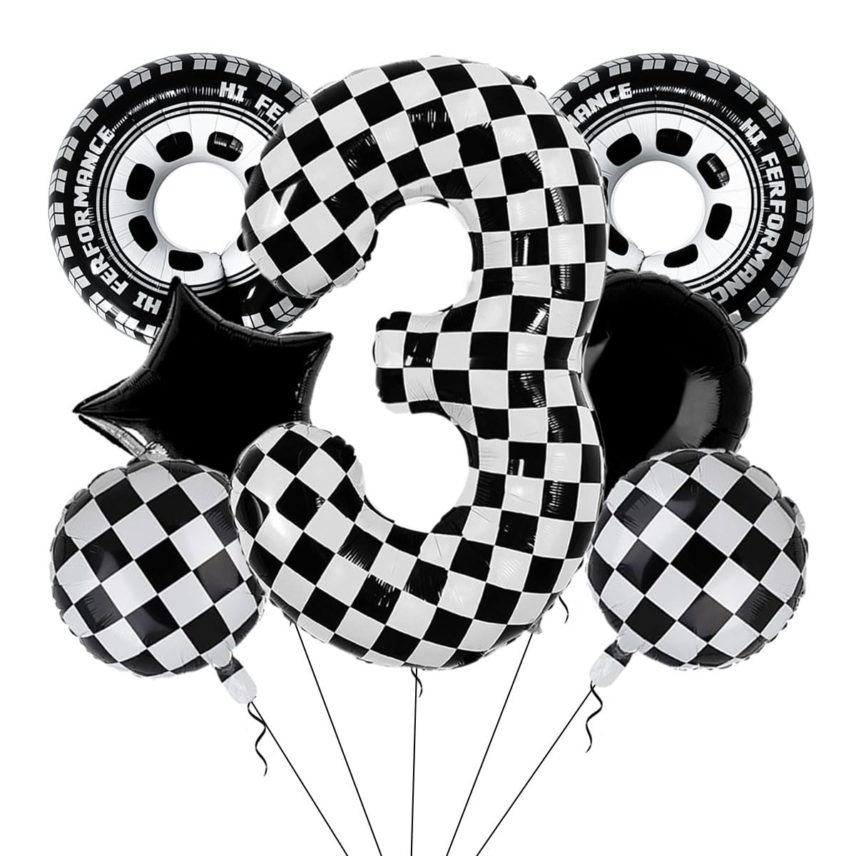 40 Inch Checkered Number 3 Balloon Large Black and White Race Car Birthday Balloons Inflatable Tire Balloons for 3rd Birthday Racing Theme Party