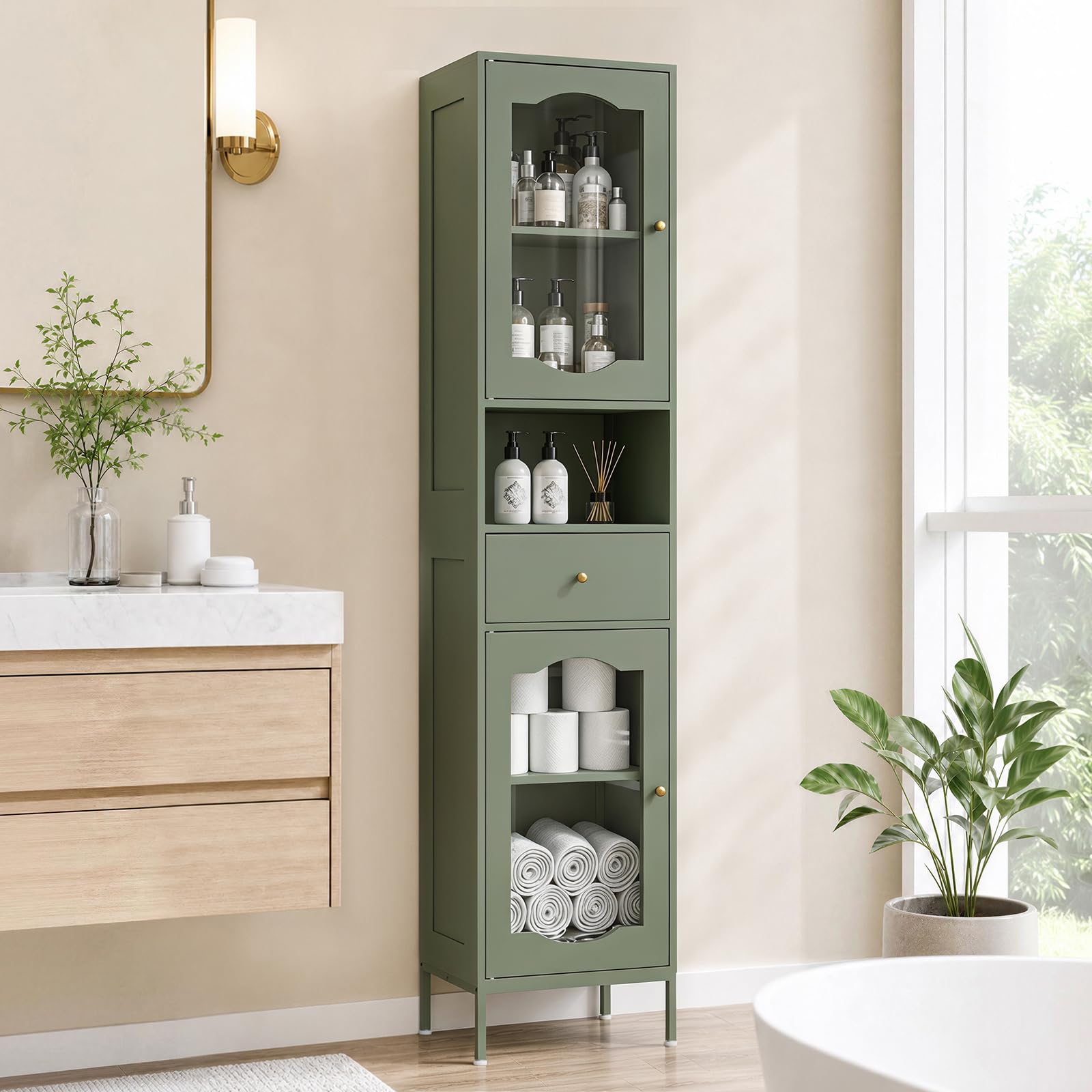 View 1 of ***NO HARDWARE*** fineway 68"H x 16"W Tall Bathroom Storage Cabinet with Door & Drawer, Green