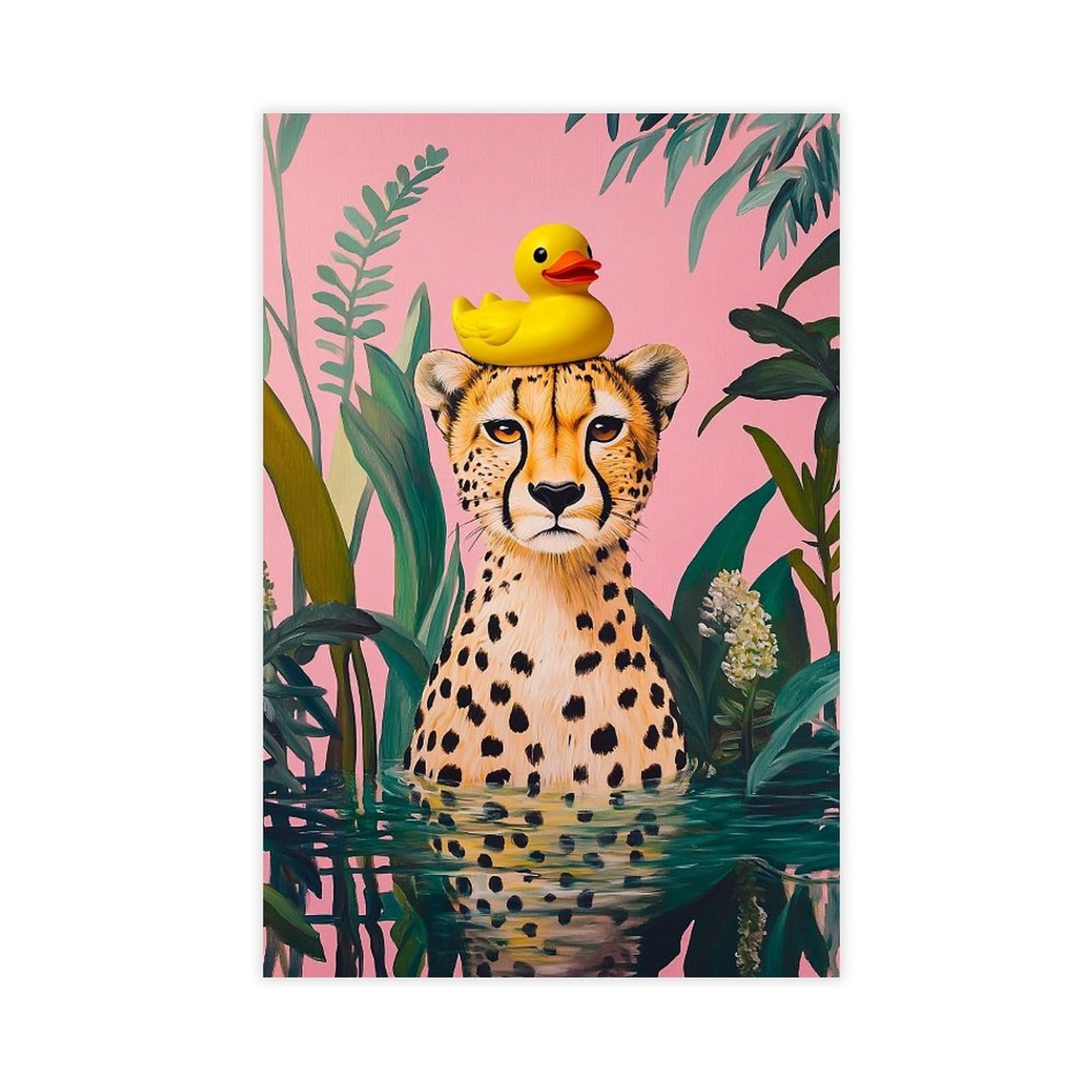 PDQOE Funny Animal Bathroom Poster,Cheetah In Bath Poster,Rubber Duck Orange Pink Bathroom Print,Maximalist Wall Art Funny Animal Bathtub Dopamine Decor Colourful Leopard Painting