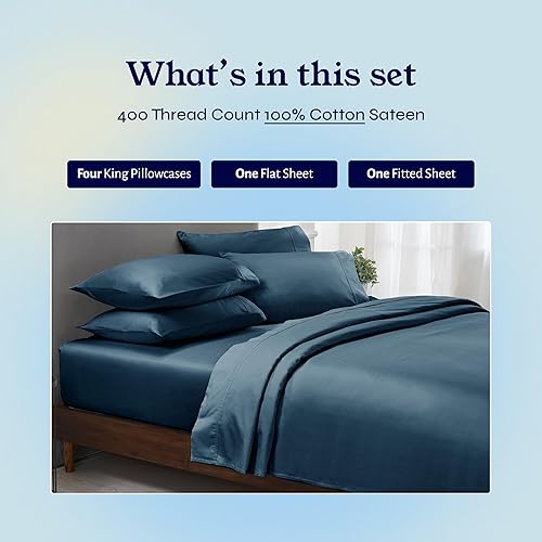 Vista 136 de Juego de sábanas de 400 hilos y 6 piezas, tamaño King, con 4 fundas de almohada, ropa de cama de 100 % algodón con tejido satinado, color azul 12
