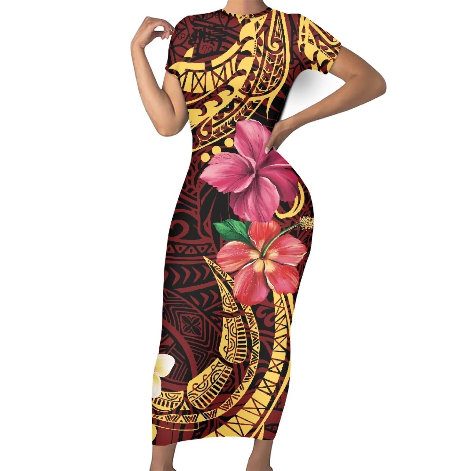 Women's Puletasi Samoan Short Sleeve Bodycon Dress Polynesian Maxi Casual Club Party Long…