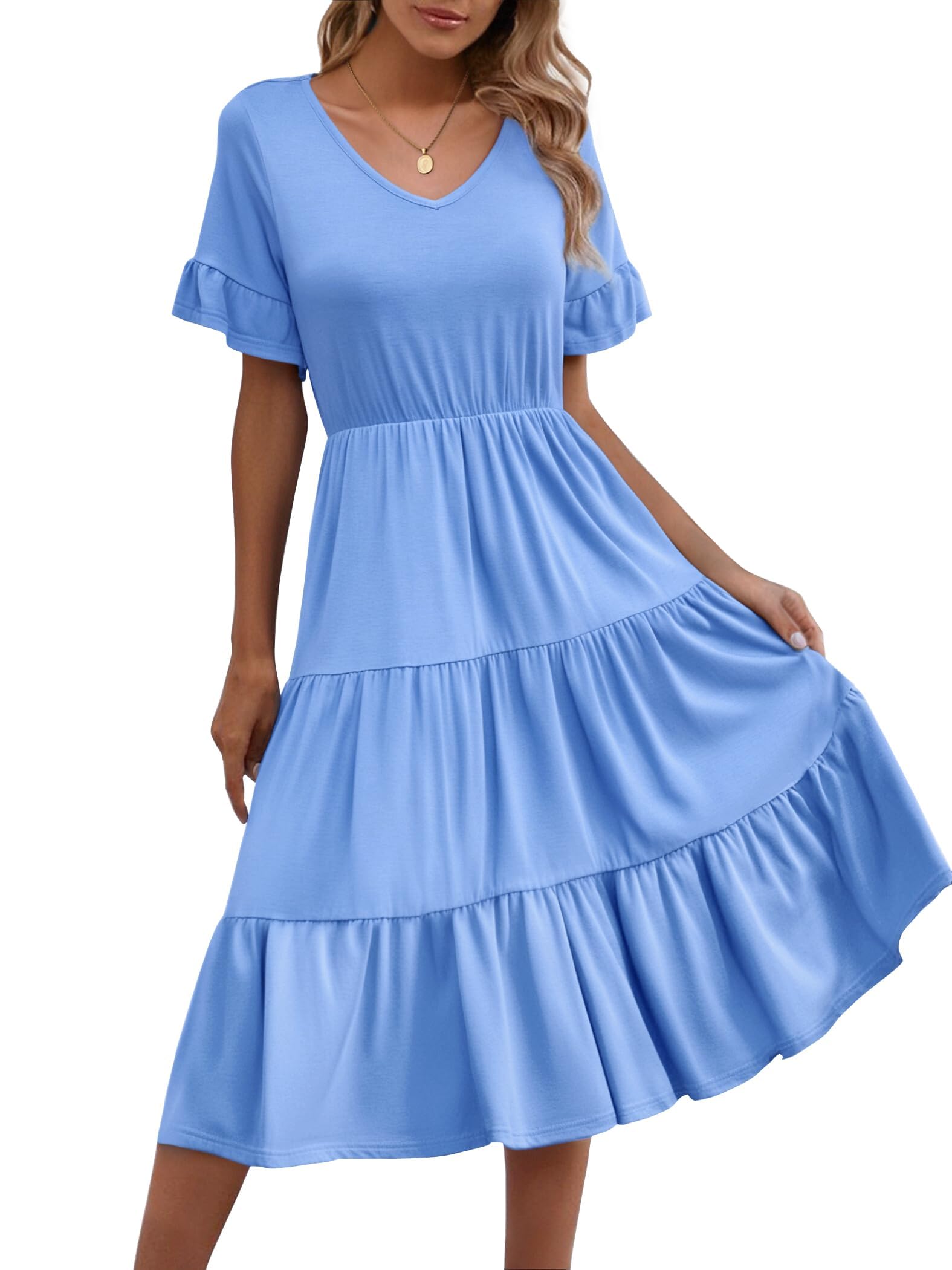 Zeagoo Sommerkleid Damen Kurzarm V-Ausschnitt Kleider Elegant A Linie Blumenkleider Rüschen Swing Strandkleid Freizeitkleider mit Taschen S-XXL