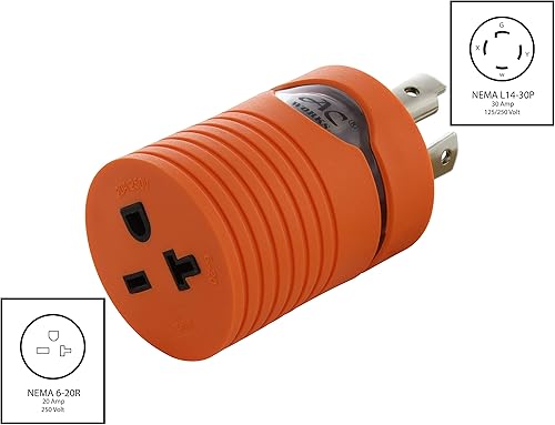 Miniatura 2 de AC WORKS Enchufe de bloqueo de 4 clavijas L14-30P de 30 amperios a conector hembra NEMA 6-20R de 250 voltios (compacto)