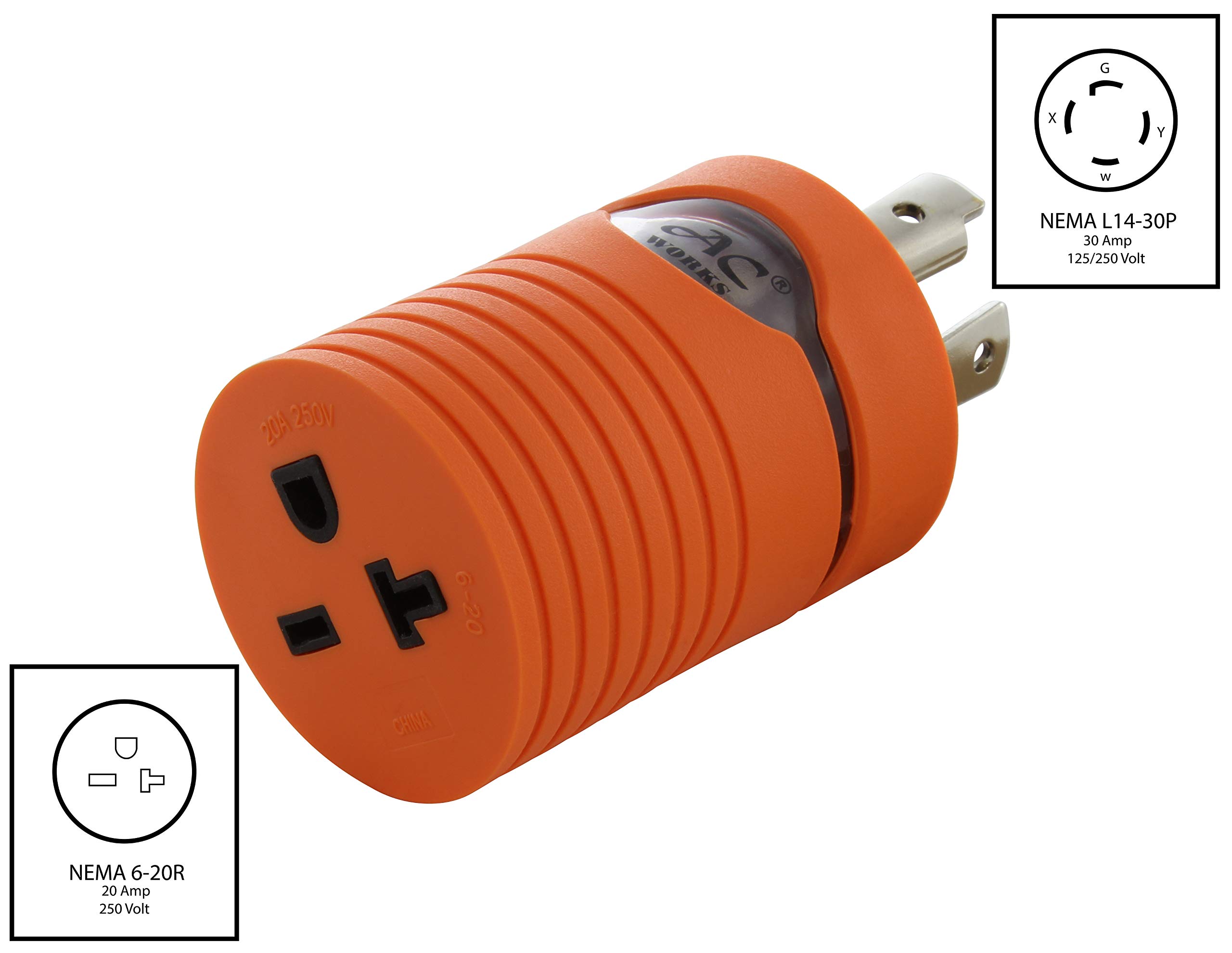 AC WORKS L14-30P 30Amp 4-Prong Locking Plug to NEMA 6-20R 250-Volt