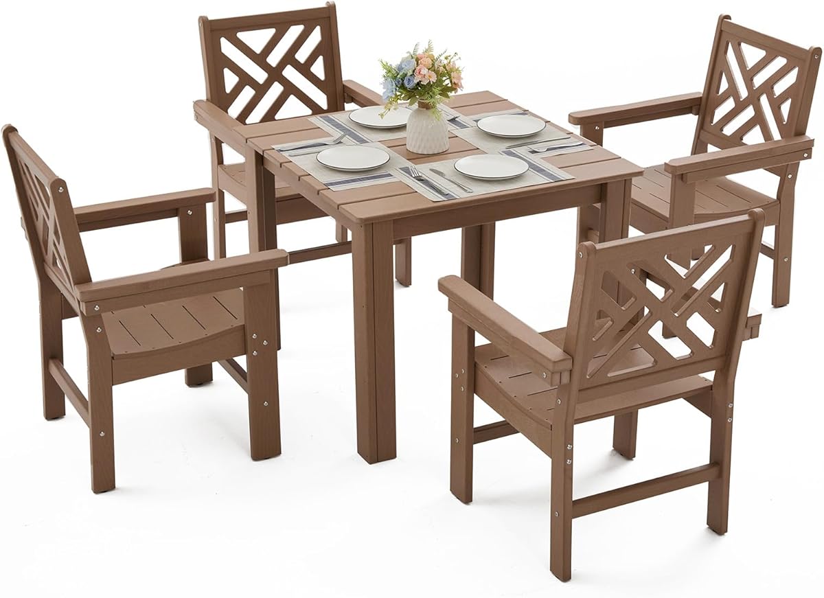 5 Piece HDPE Outdoor Dining Set for 4, Patio Dining Furniture Set with Square Table and Umbrella Hole, Outdoor Table and Chairs for Garden, Poolside, Backyard, Deck (Brown, 5 Piece Square Set)