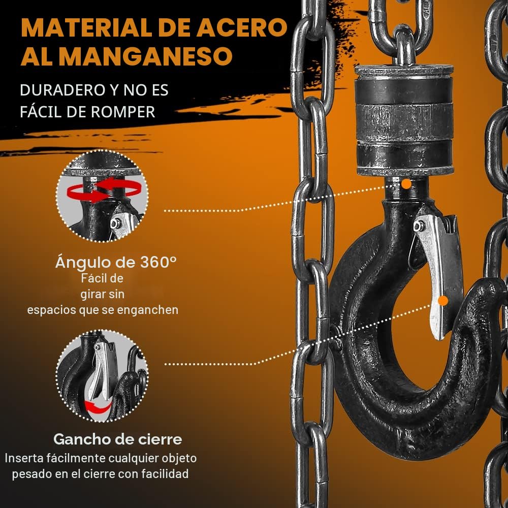 Polipasto Manual de Cadena DEWINNER Con Gancho Resistente, Polipasto Con Cadena de 1000kg, 3,0 m de Elevación Máxima, Rojo